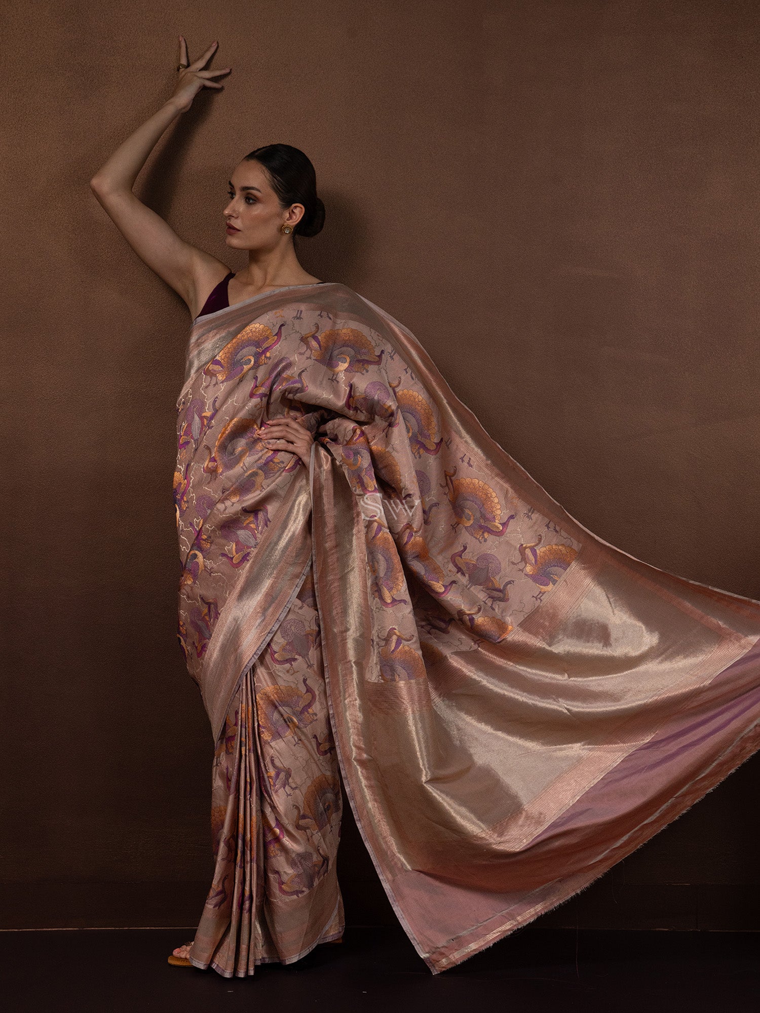 Pastel Peach Tissue Katan Silk Handloom Banarasi Saree - Sacred Weaves