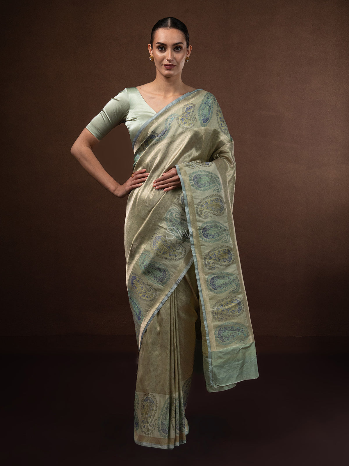 Pastel Olive Green Tissue Katan Silk Handloom Banarasi Saree - Sacred Weaves