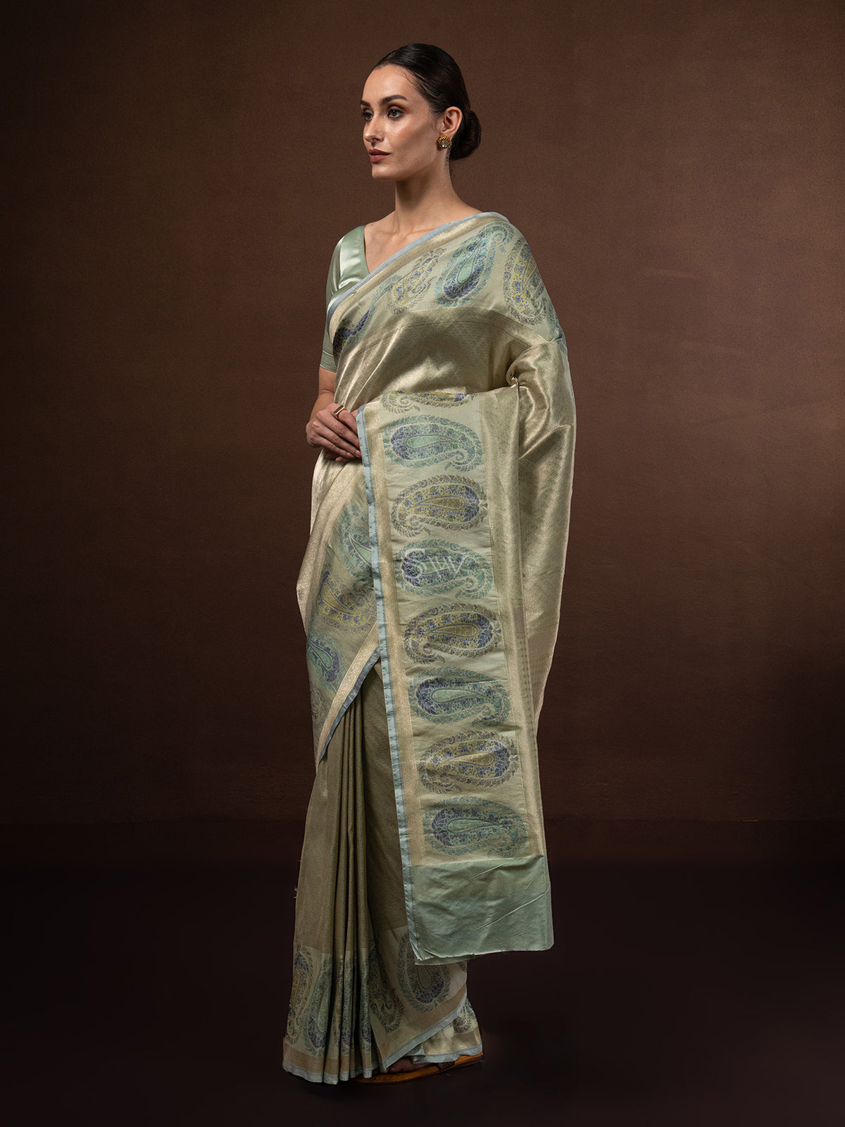 Pastel Olive Green Tissue Katan Silk Handloom Banarasi Saree - Sacred Weaves