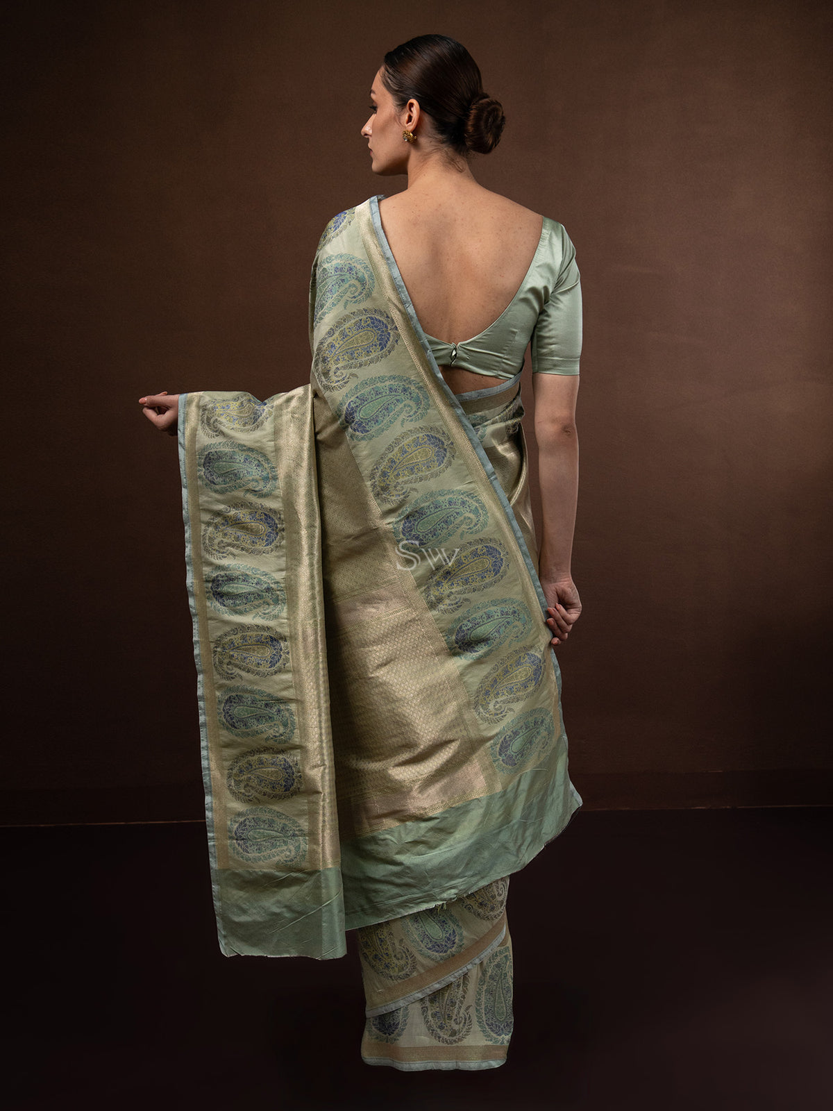 Pastel Olive Green Tissue Katan Silk Handloom Banarasi Saree - Sacred Weaves