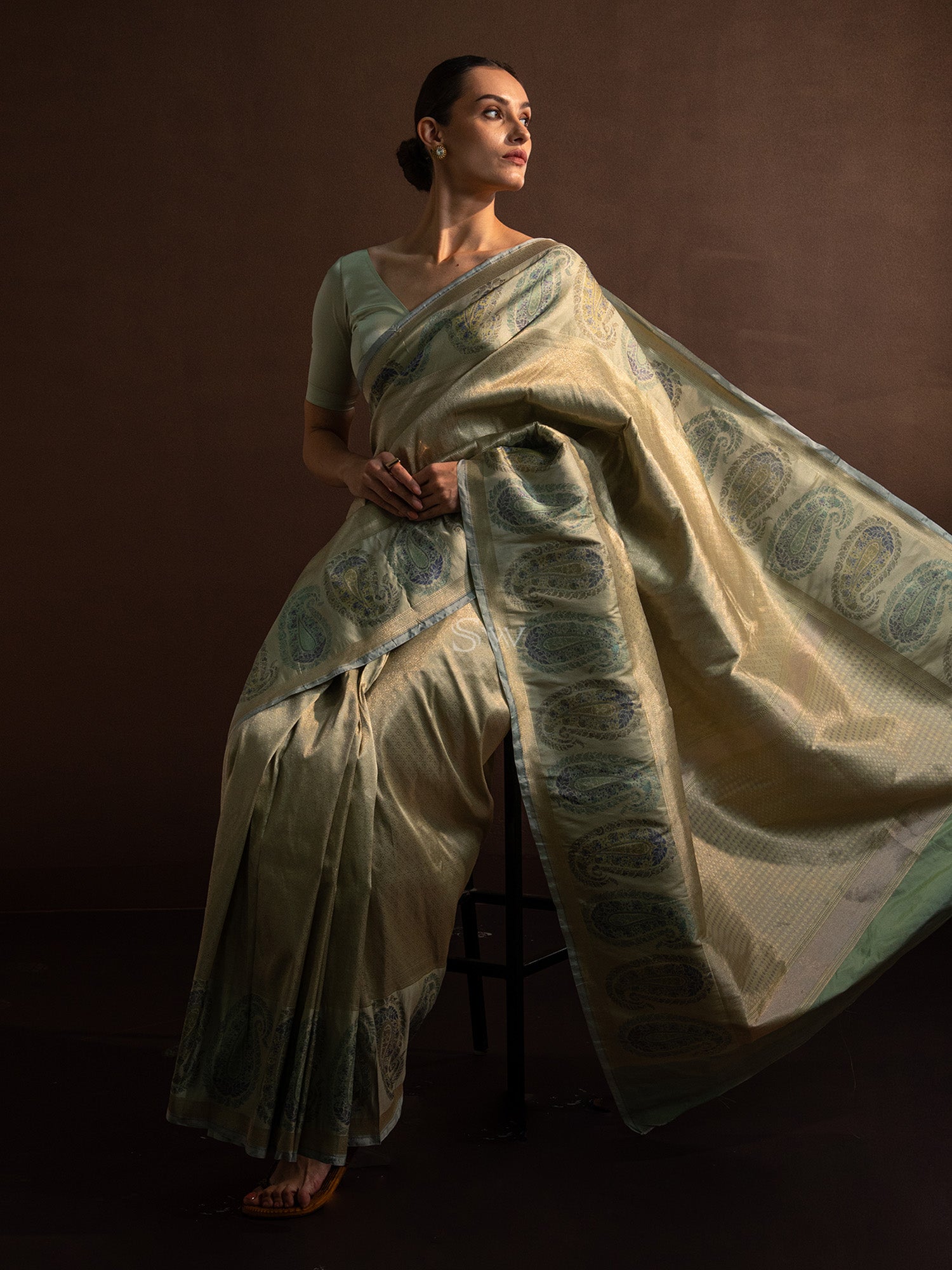 Pastel Olive Green Tissue Katan Silk Handloom Banarasi Saree - Sacred Weaves