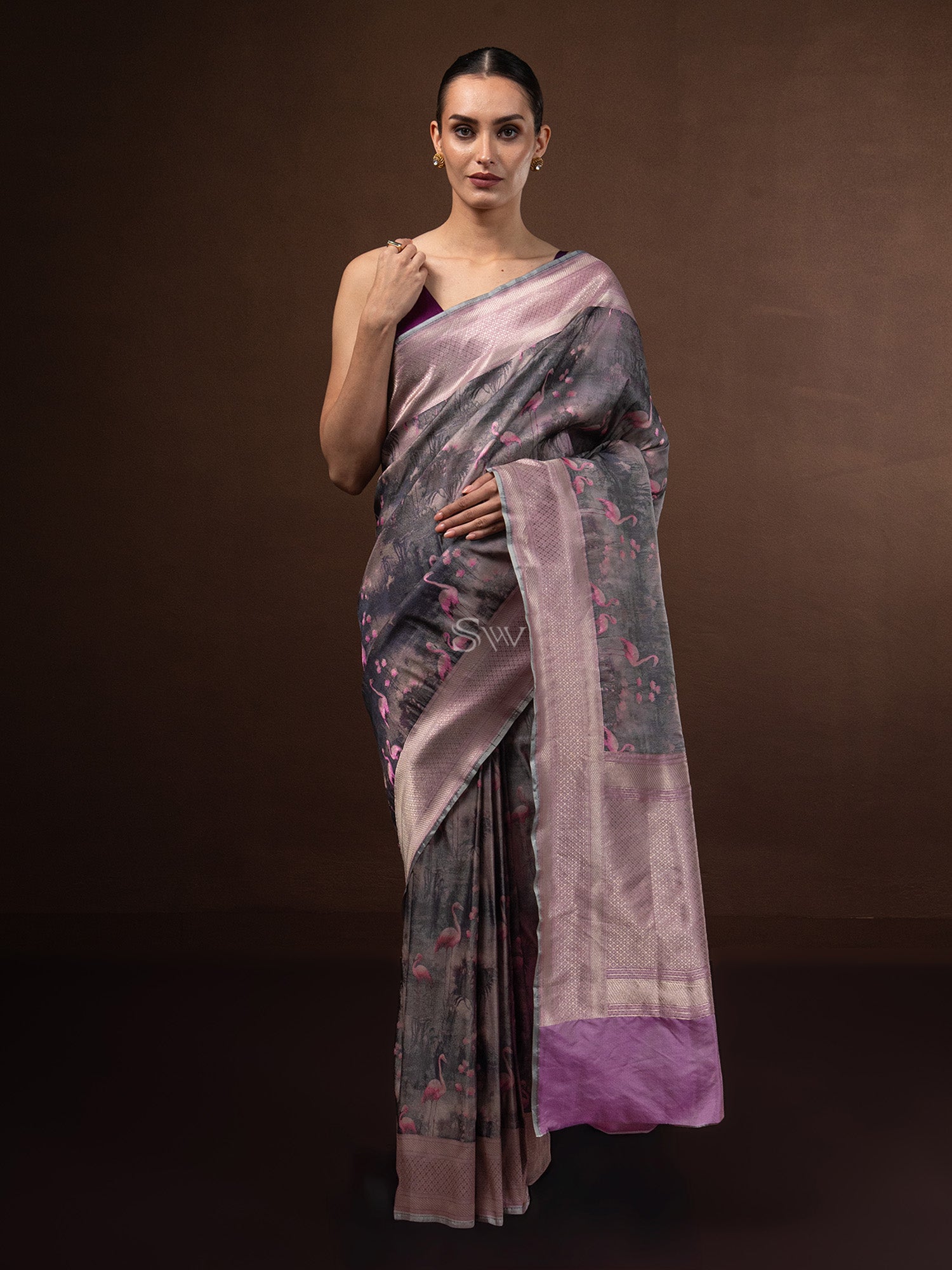 Dark Grey Tissue Katan Silk Handloom Banarasi Saree - Sacred Weaves