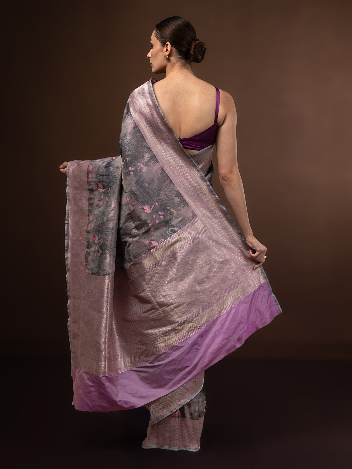 Dark Grey Tissue Katan Silk Handloom Banarasi Saree - Sacred Weaves