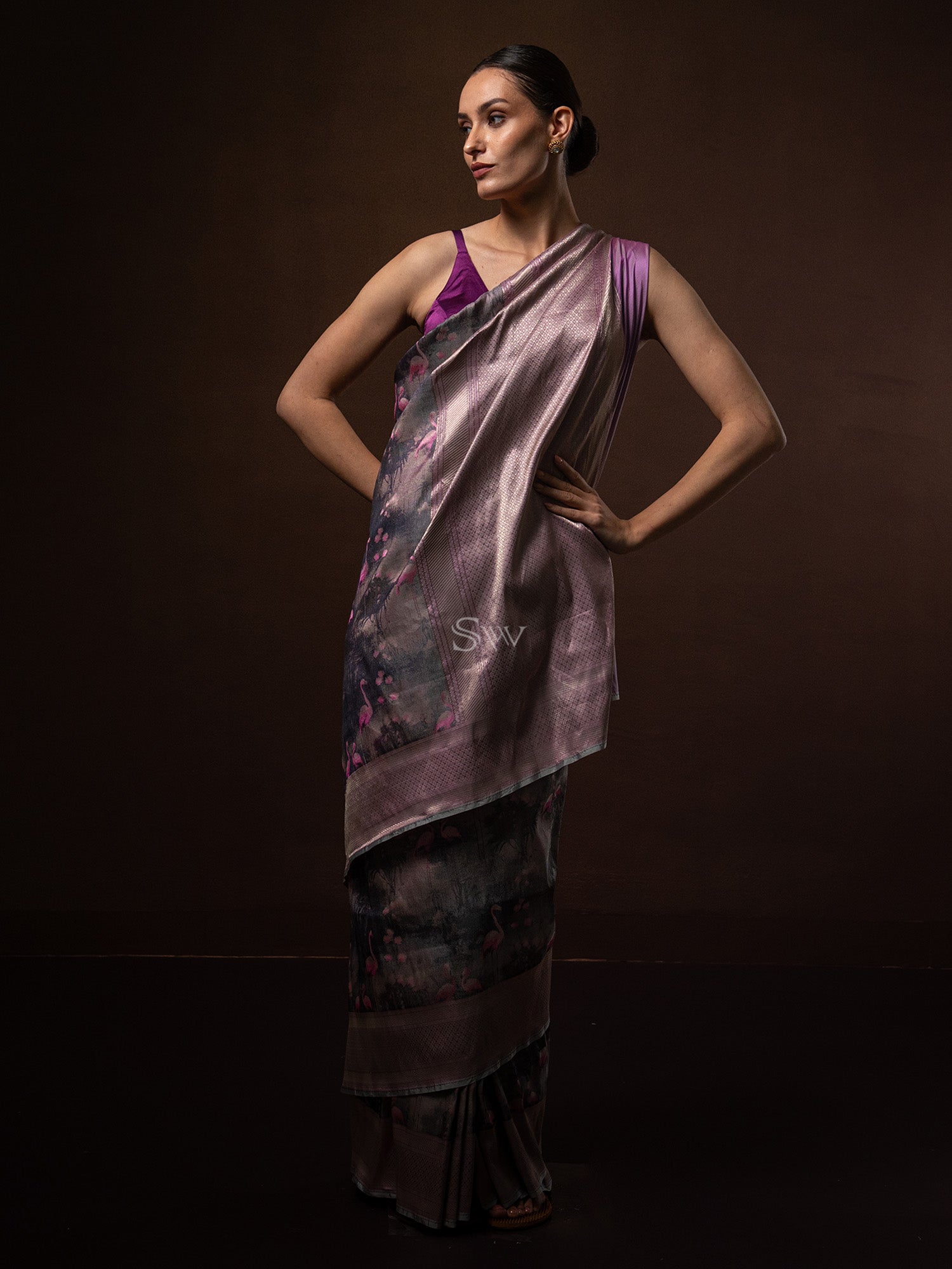 Dark Grey Tissue Katan Silk Handloom Banarasi Saree - Sacred Weaves