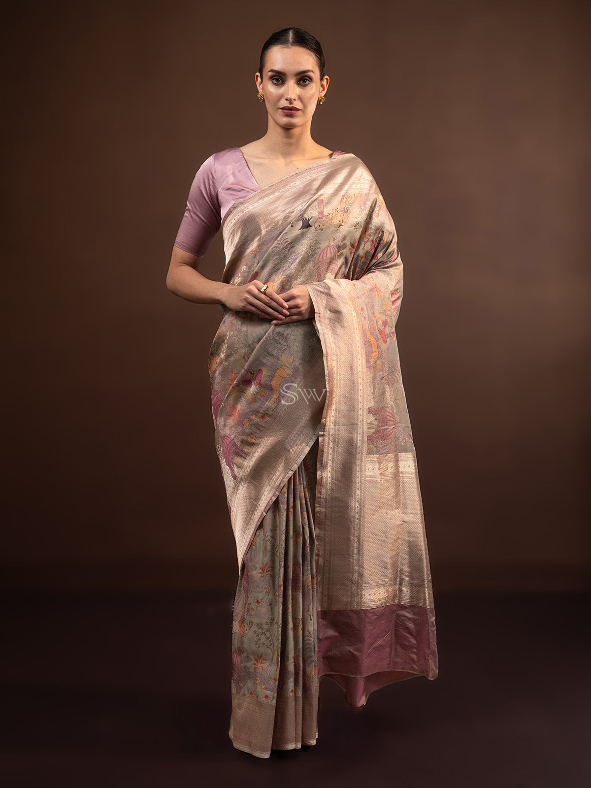 Beige Tissue Katan Silk Handloom Banarasi Saree - Sacred Weaves