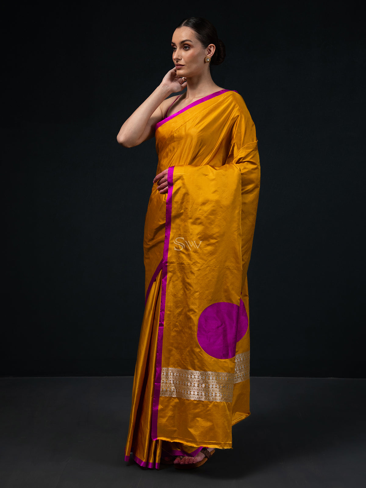 Mustard Plain Satin Silk Handloom Banarasi Saree - Sacred Weaves