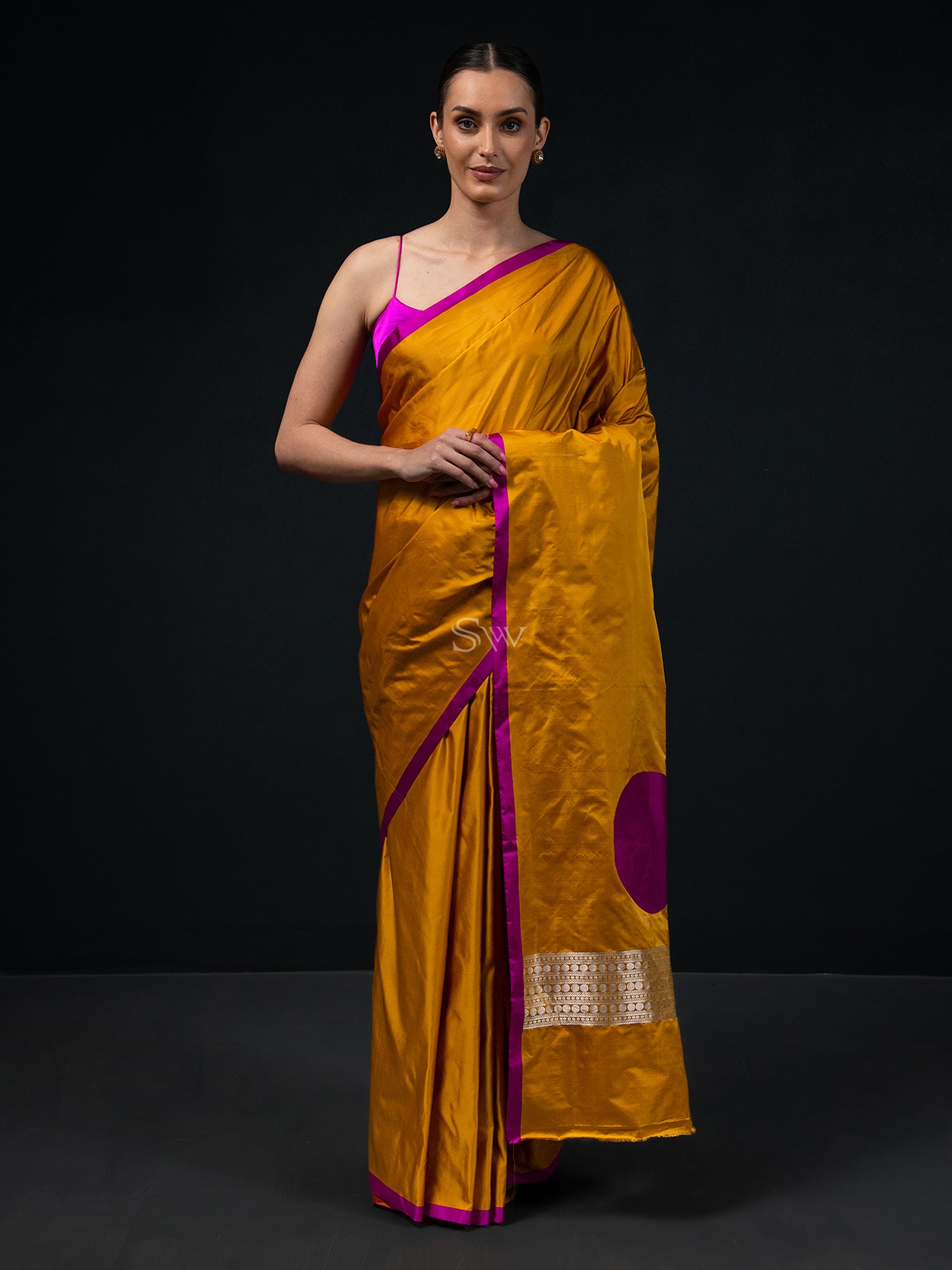 Mustard Plain Satin Silk Handloom Banarasi Saree - Sacred Weaves