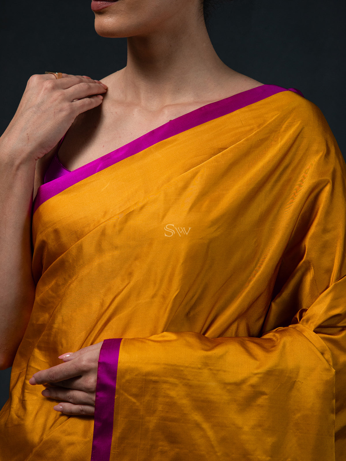 Mustard Plain Satin Silk Handloom Banarasi Saree - Sacred Weaves