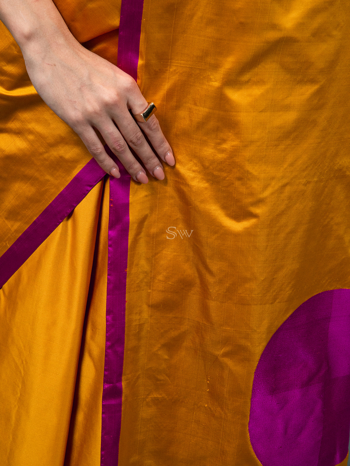 Mustard Plain Satin Silk Handloom Banarasi Saree - Sacred Weaves