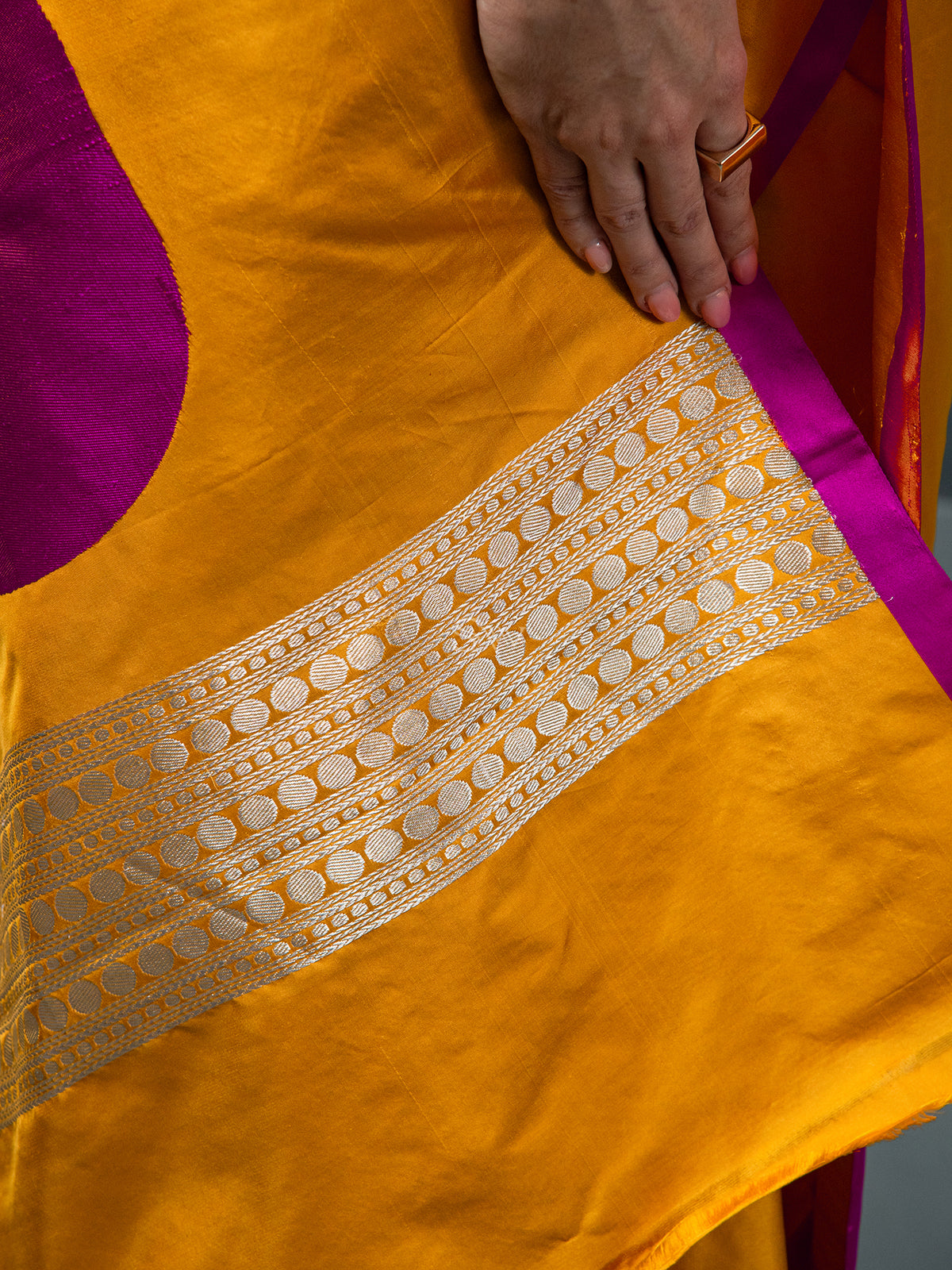 Mustard Plain Satin Silk Handloom Banarasi Saree - Sacred Weaves