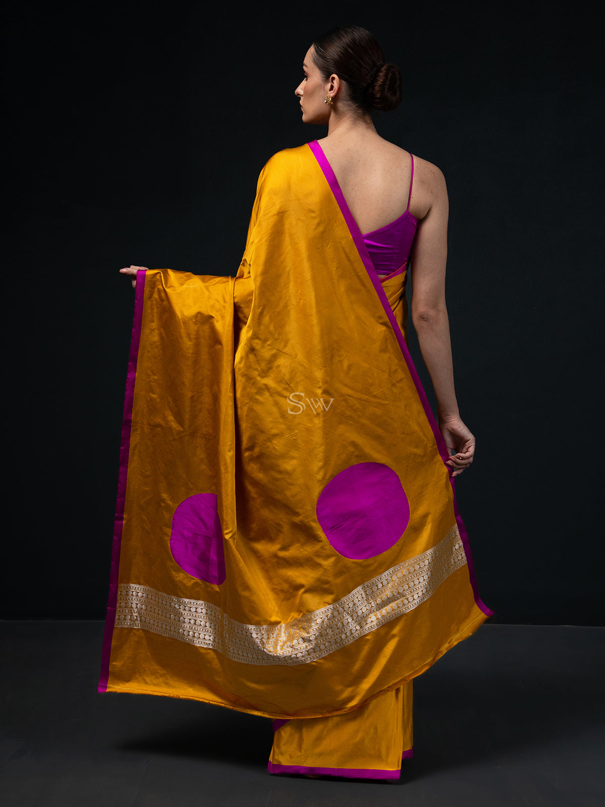 Mustard Plain Satin Silk Handloom Banarasi Saree - Sacred Weaves