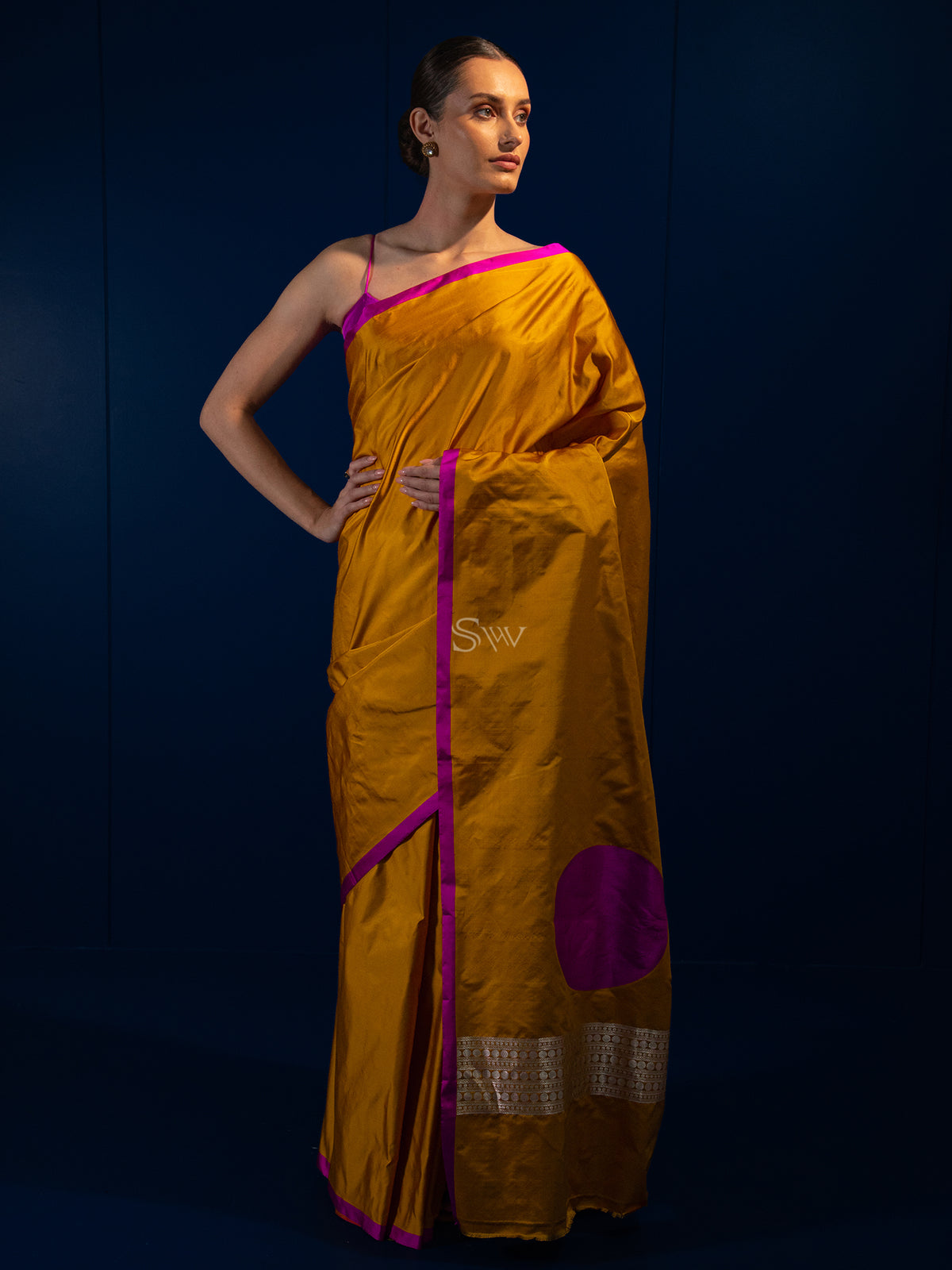 Mustard Plain Satin Silk Handloom Banarasi Saree - Sacred Weaves