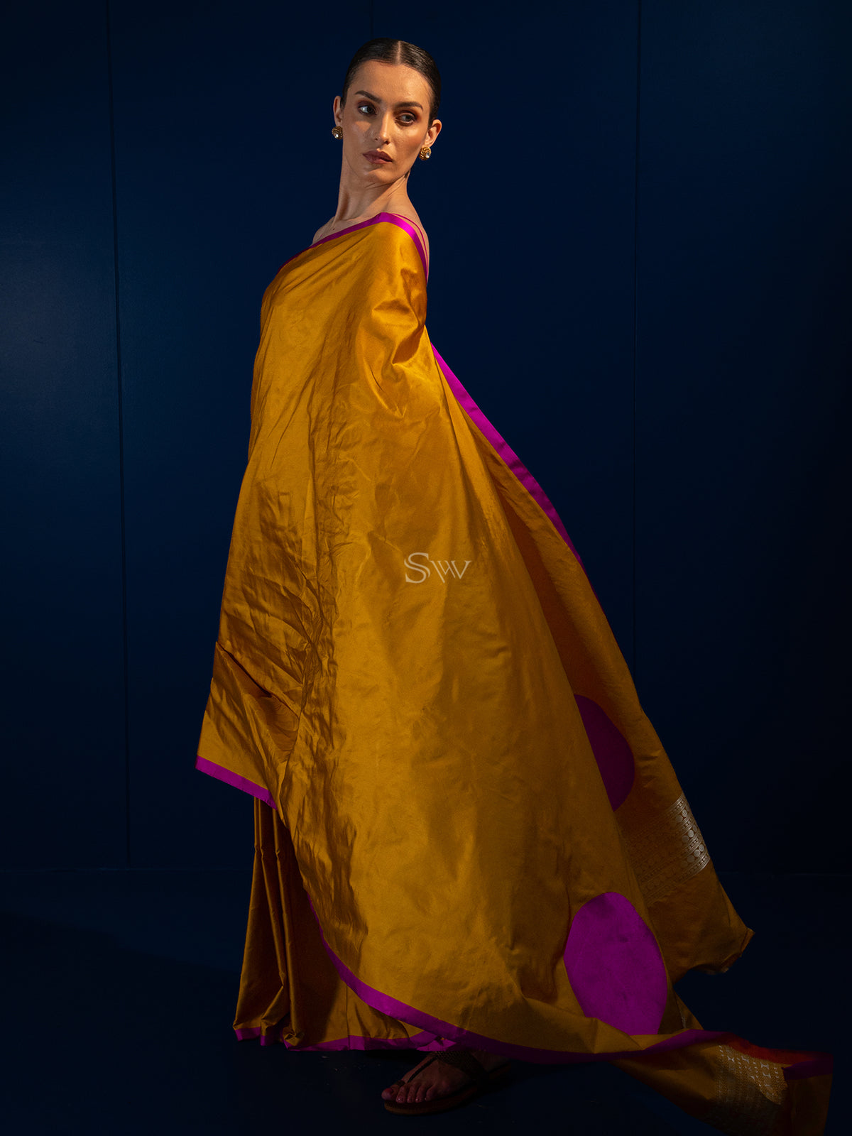 Mustard Plain Satin Silk Handloom Banarasi Saree - Sacred Weaves