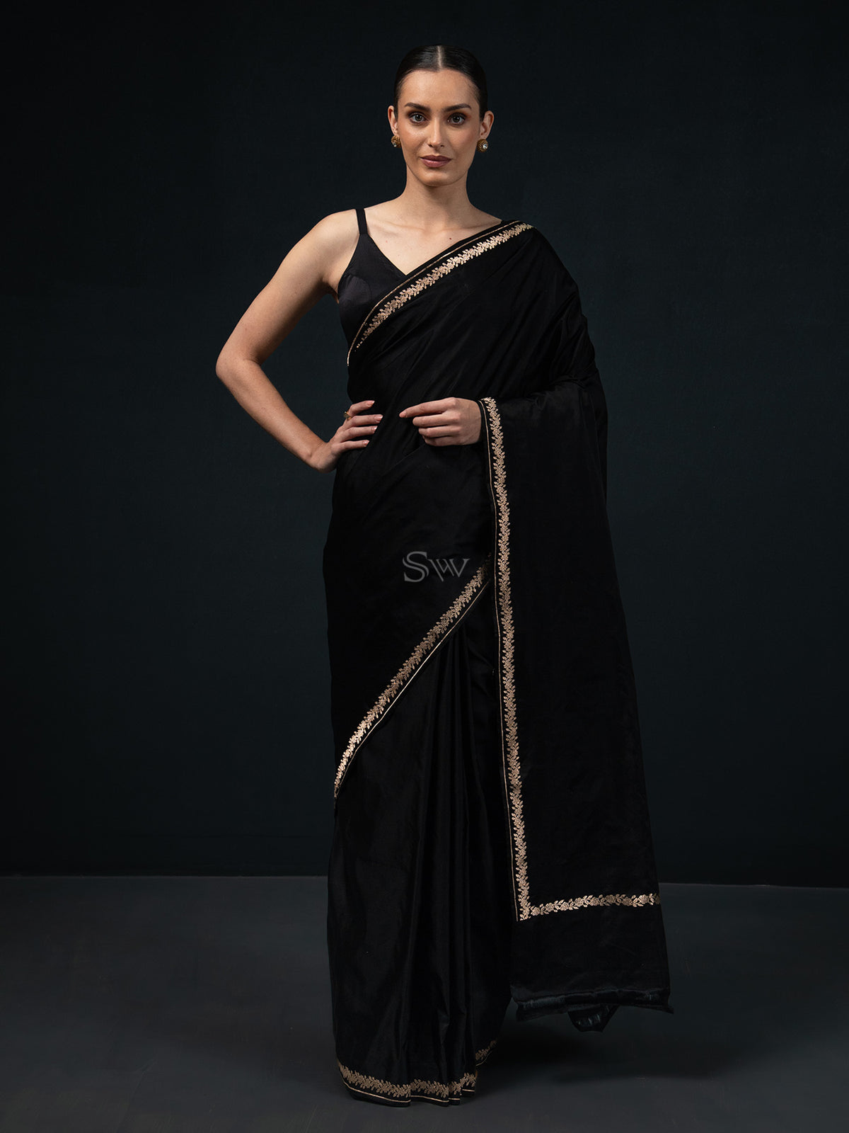 Black Plain Satin Silk Handloom Banarasi Saree - Sacred Weaves