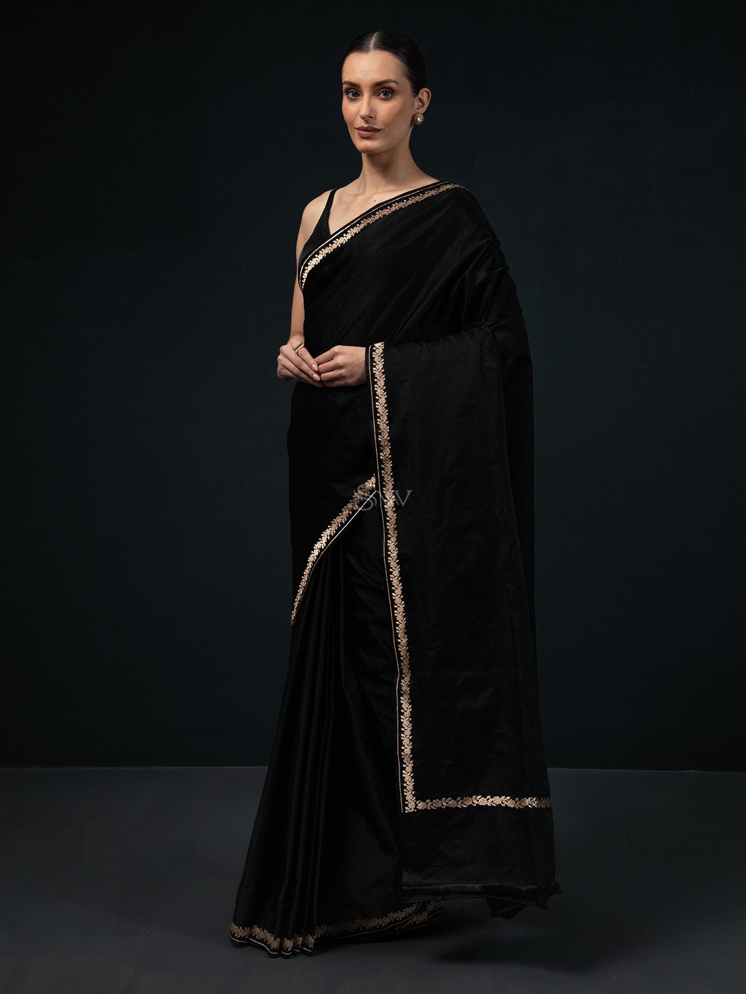 Black Plain Satin Silk Handloom Banarasi Saree - Sacred Weaves