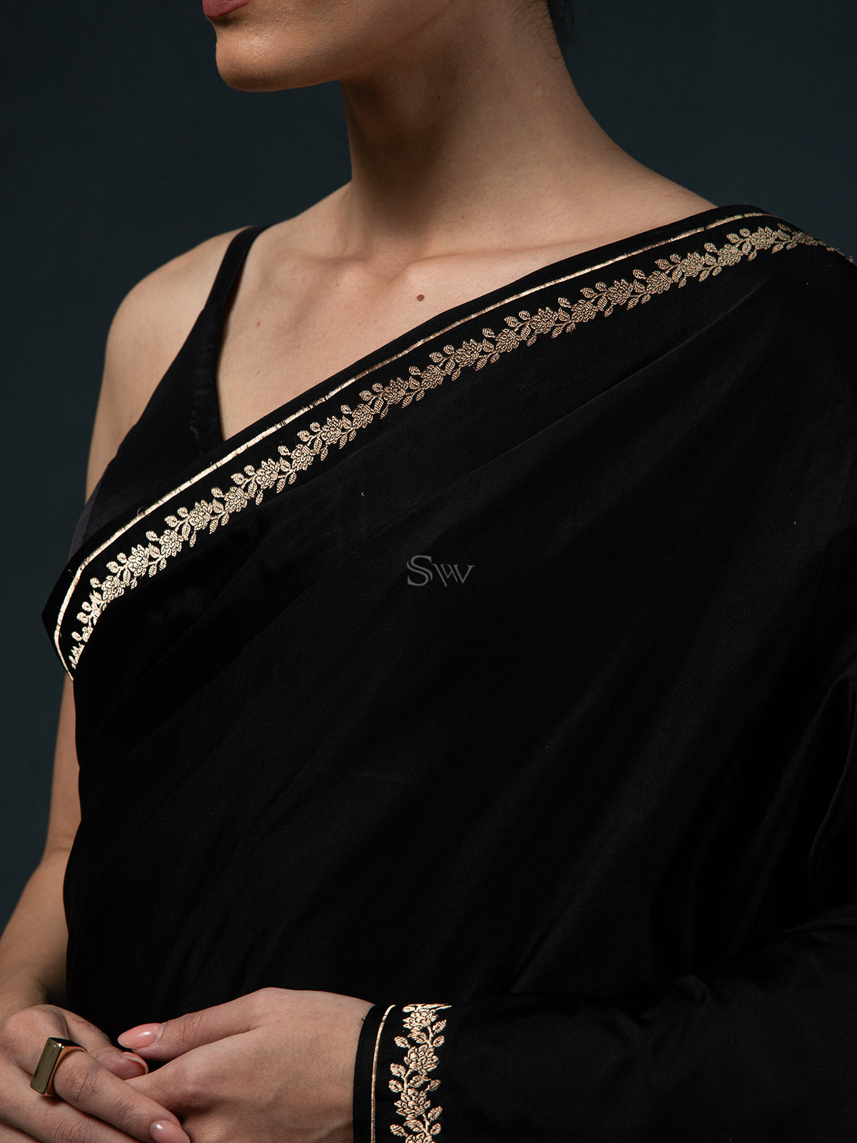 Black Plain Satin Silk Handloom Banarasi Saree - Sacred Weaves