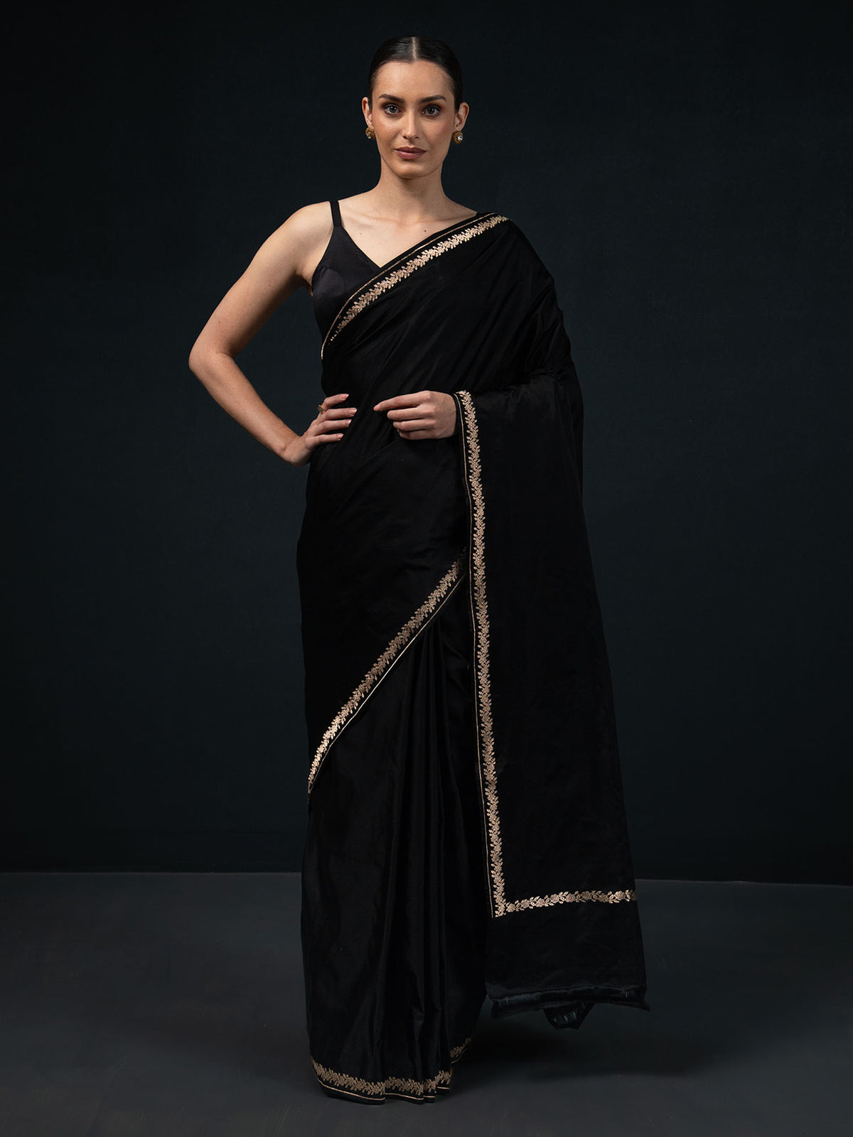 Black Plain Satin Silk Handloom Banarasi Saree - Sacred Weaves