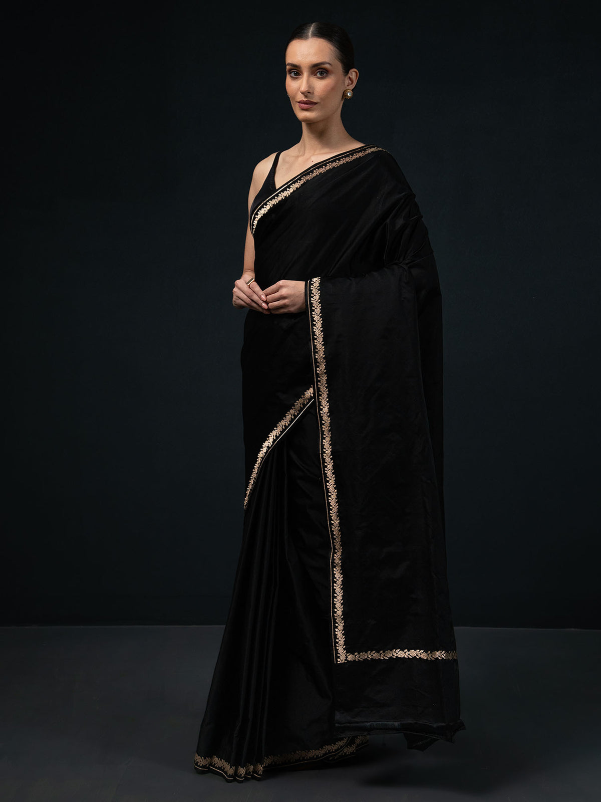 Black Plain Satin Silk Handloom Banarasi Saree - Sacred Weaves