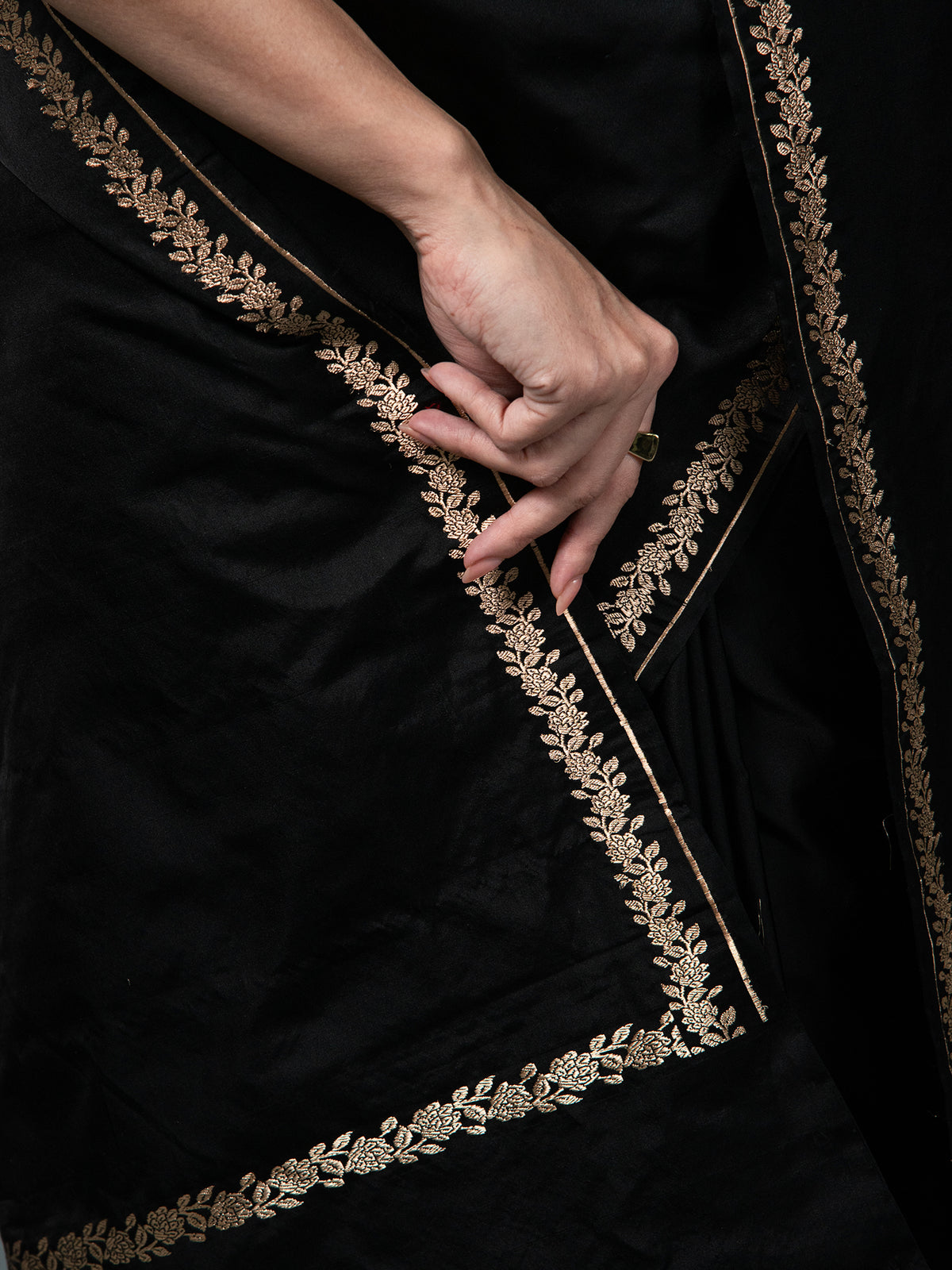 Black Plain Satin Silk Handloom Banarasi Saree - Sacred Weaves