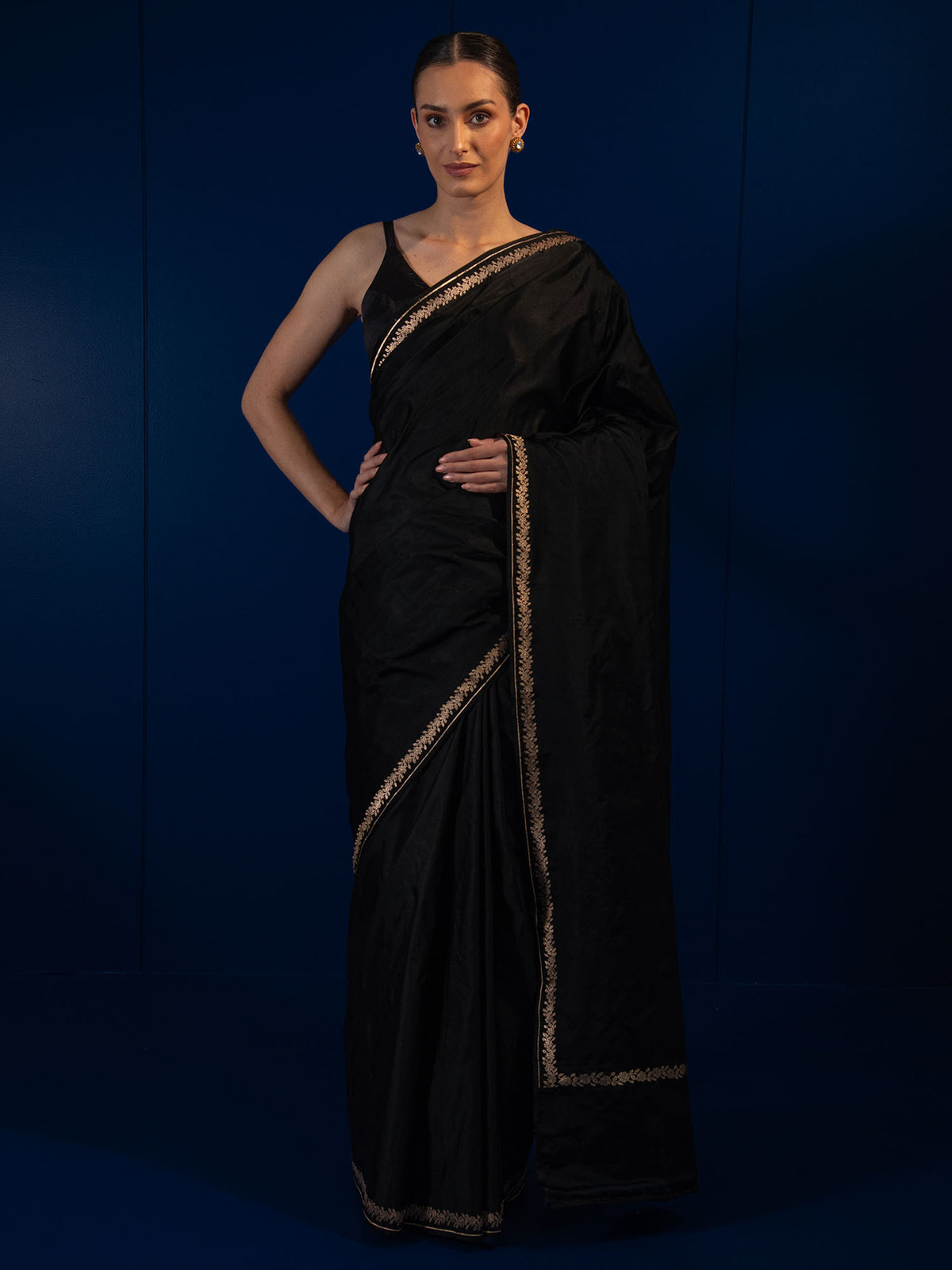 Black Plain Satin Silk Handloom Banarasi Saree - Sacred Weaves