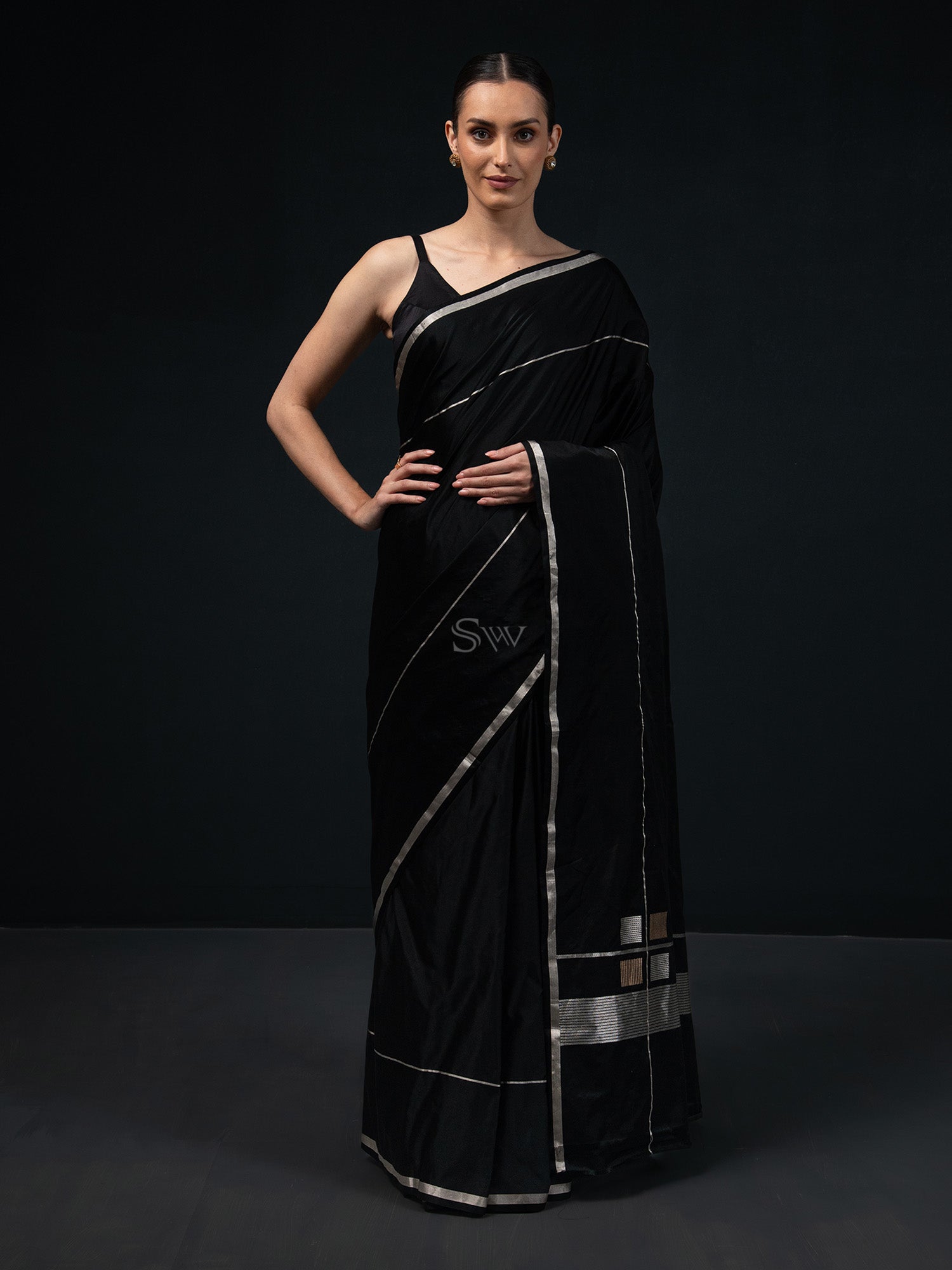 Black Plain Satin Silk Handloom Banarasi Saree - Sacred Weaves