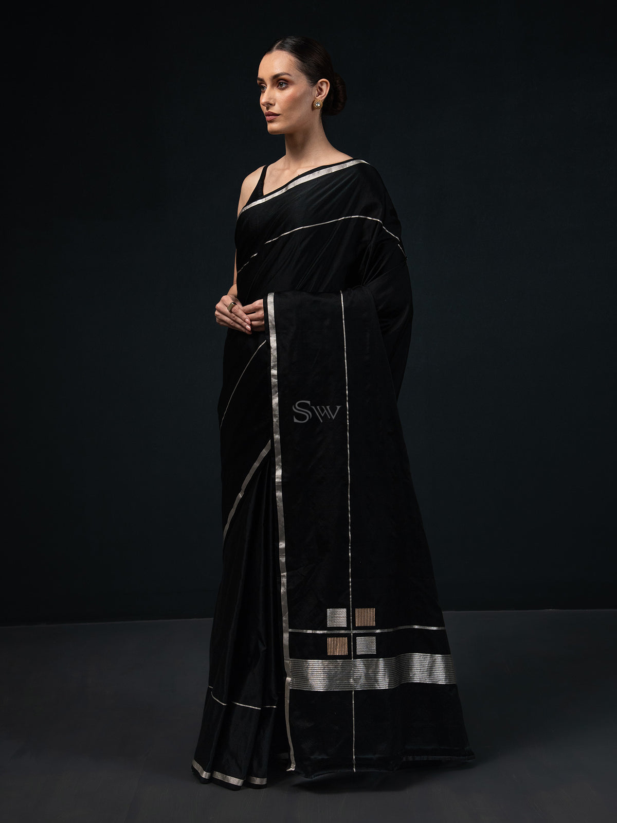 Black Plain Satin Silk Handloom Banarasi Saree - Sacred Weaves