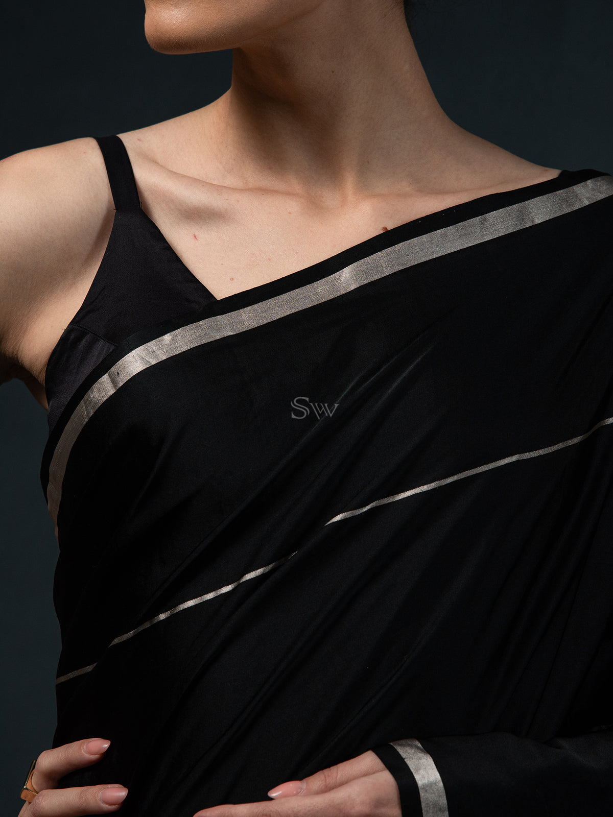 Black Plain Satin Silk Handloom Banarasi Saree - Sacred Weaves