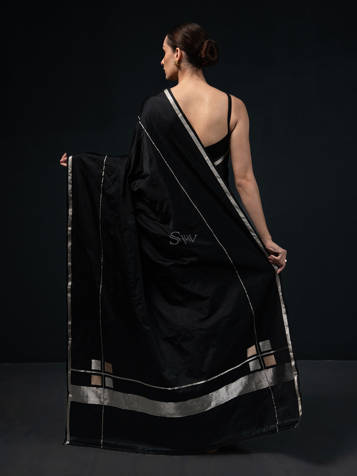 Black Plain Satin Silk Handloom Banarasi Saree - Sacred Weaves