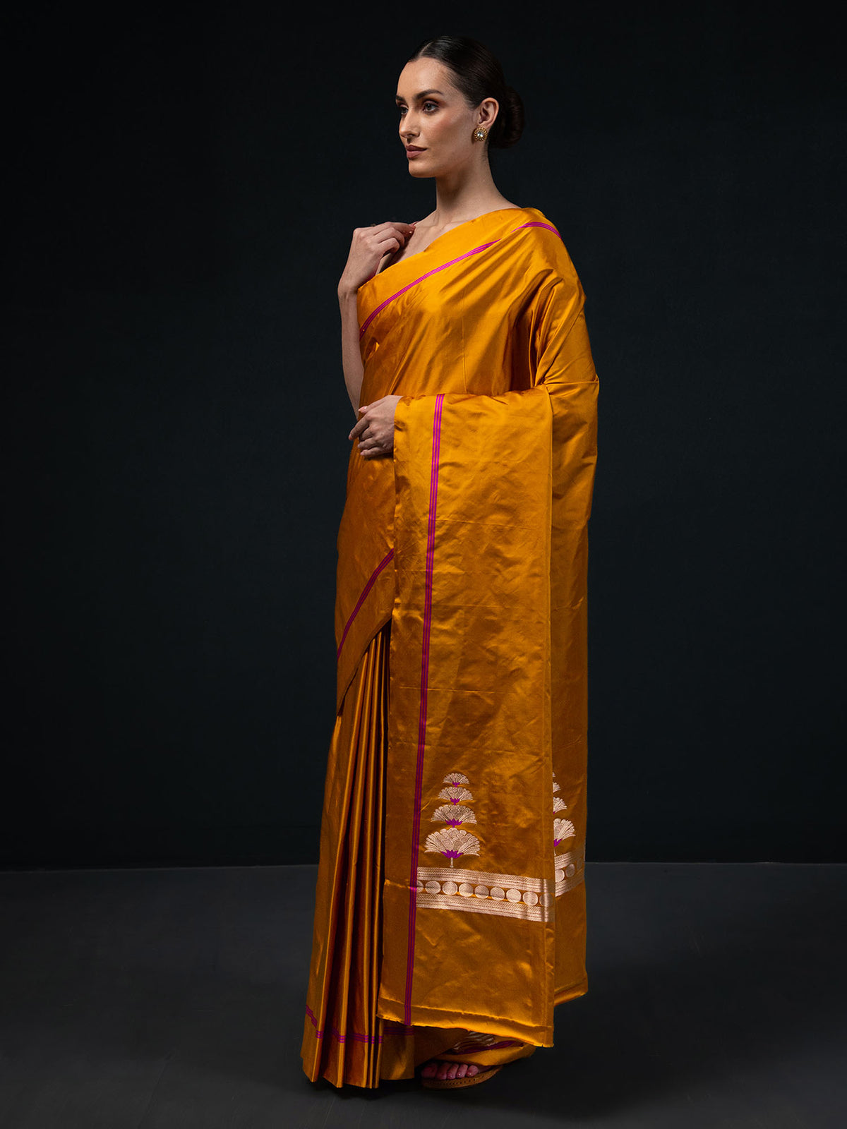 Mustard Plain Satin Silk Handloom Banarasi Saree - Sacred Weaves