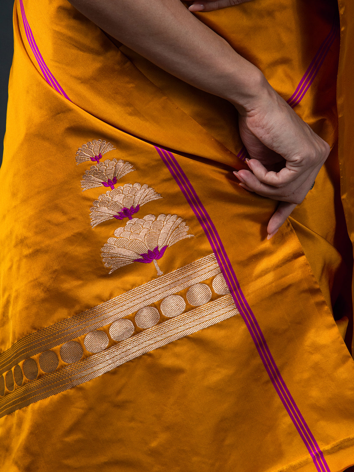 Mustard Plain Satin Silk Handloom Banarasi Saree - Sacred Weaves