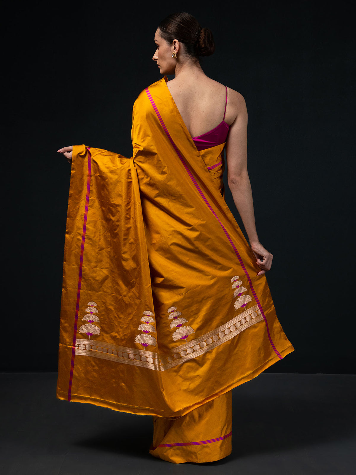 Mustard Plain Satin Silk Handloom Banarasi Saree - Sacred Weaves