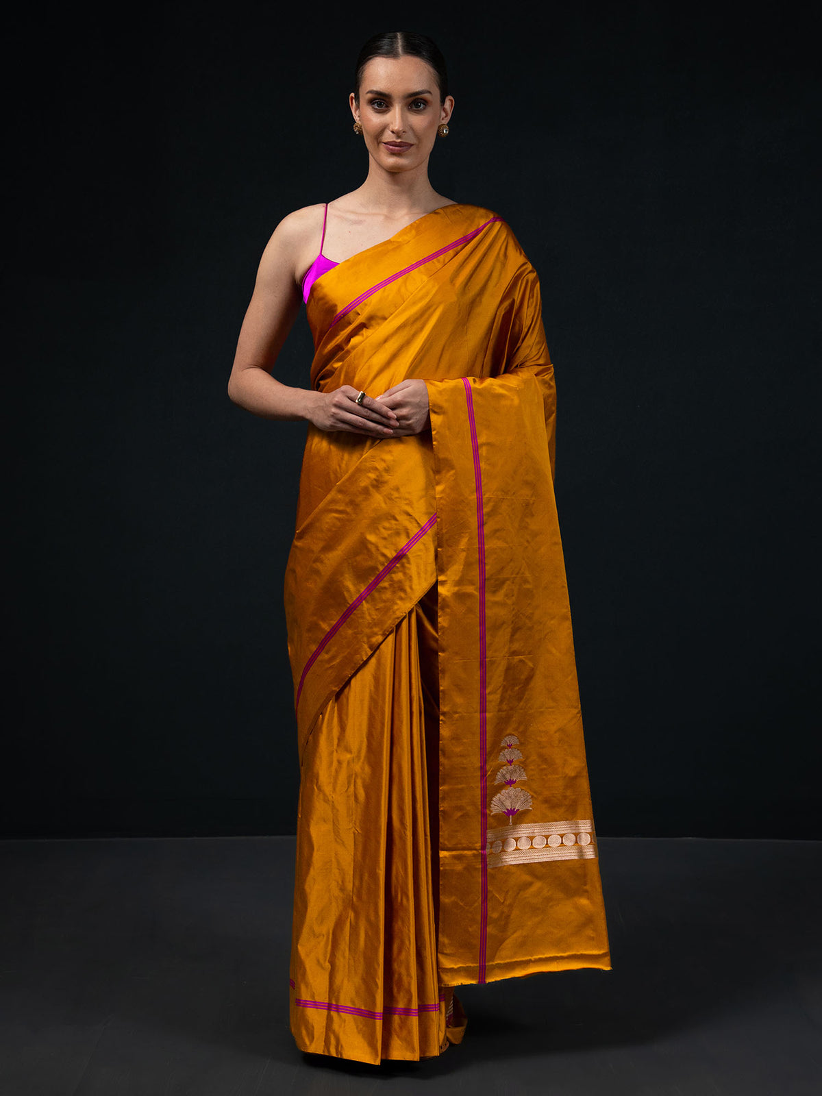 Mustard Plain Satin Silk Handloom Banarasi Saree - Sacred Weaves