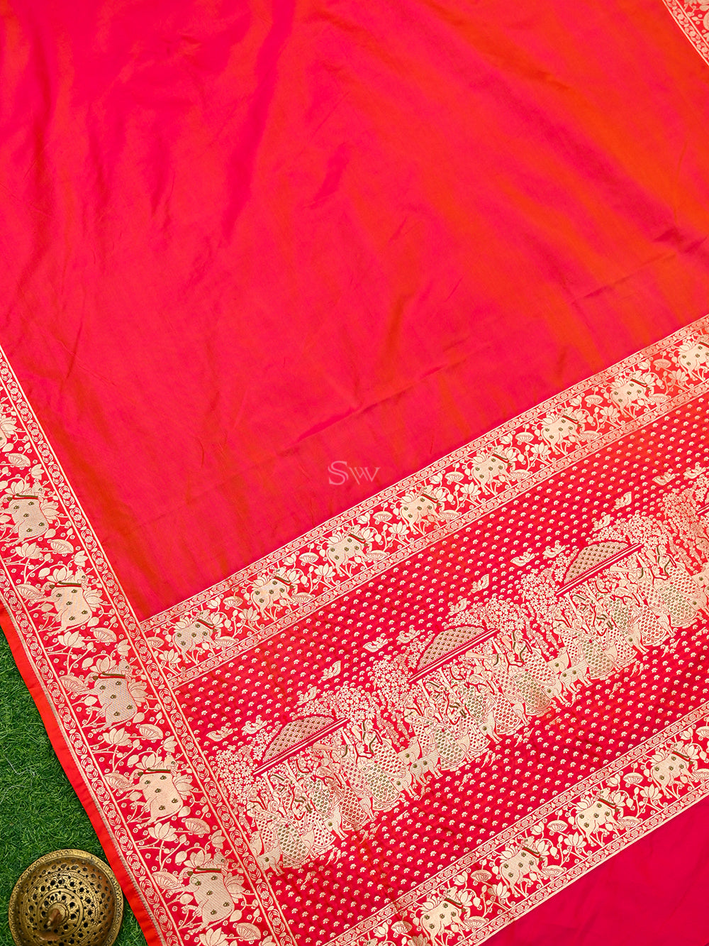 Pink Orange Shikargah Satin Silk Handloom Banarasi Saree