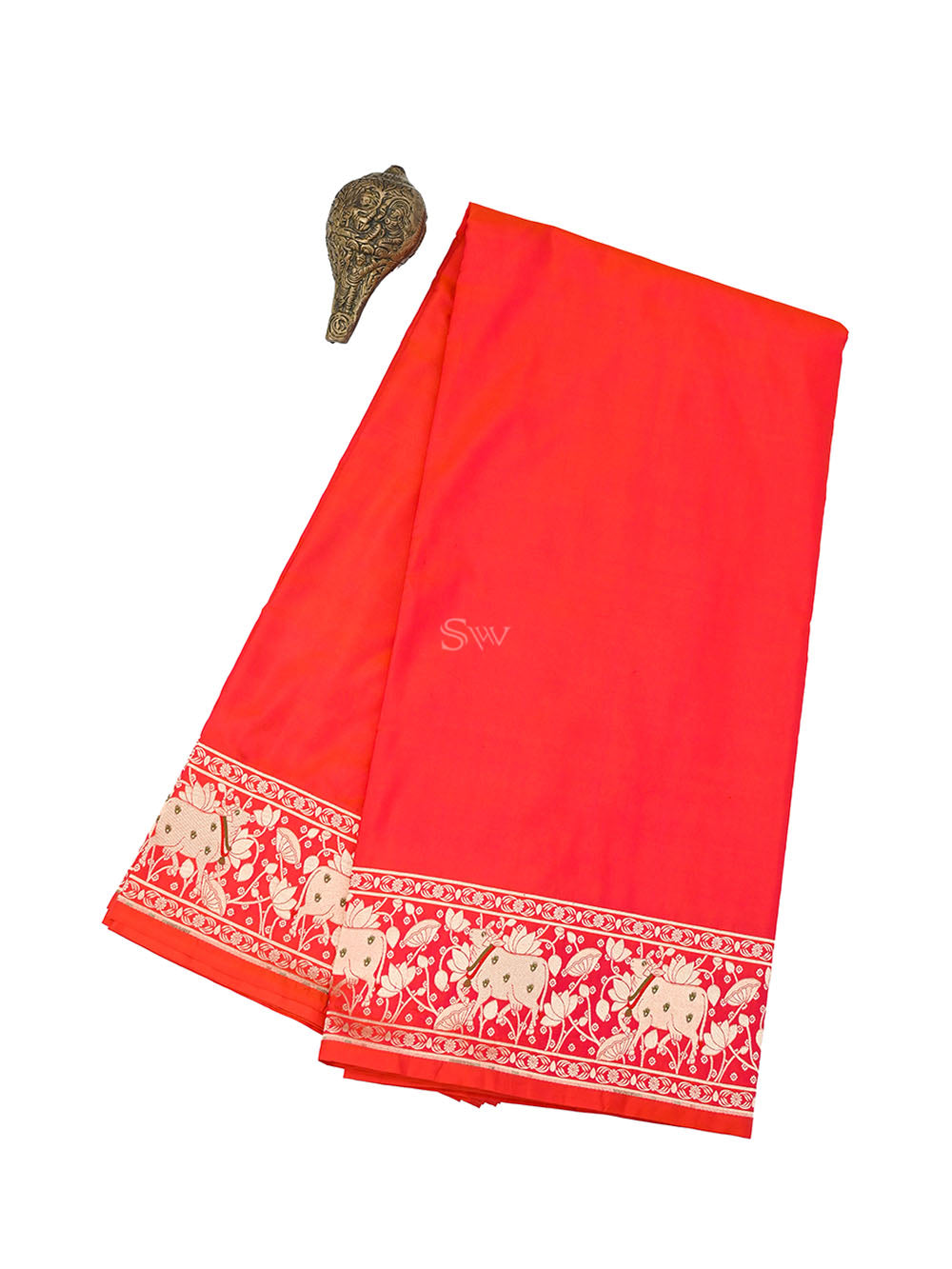 Pink Orange Shikargah Satin Silk Handloom Banarasi Saree