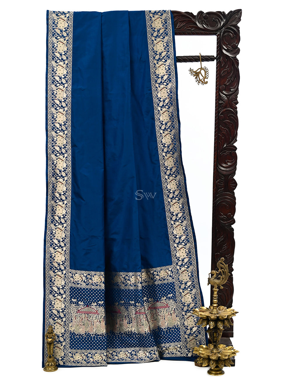 Midnight Blue Shikargah Satin Silk Handloom Banarasi Saree