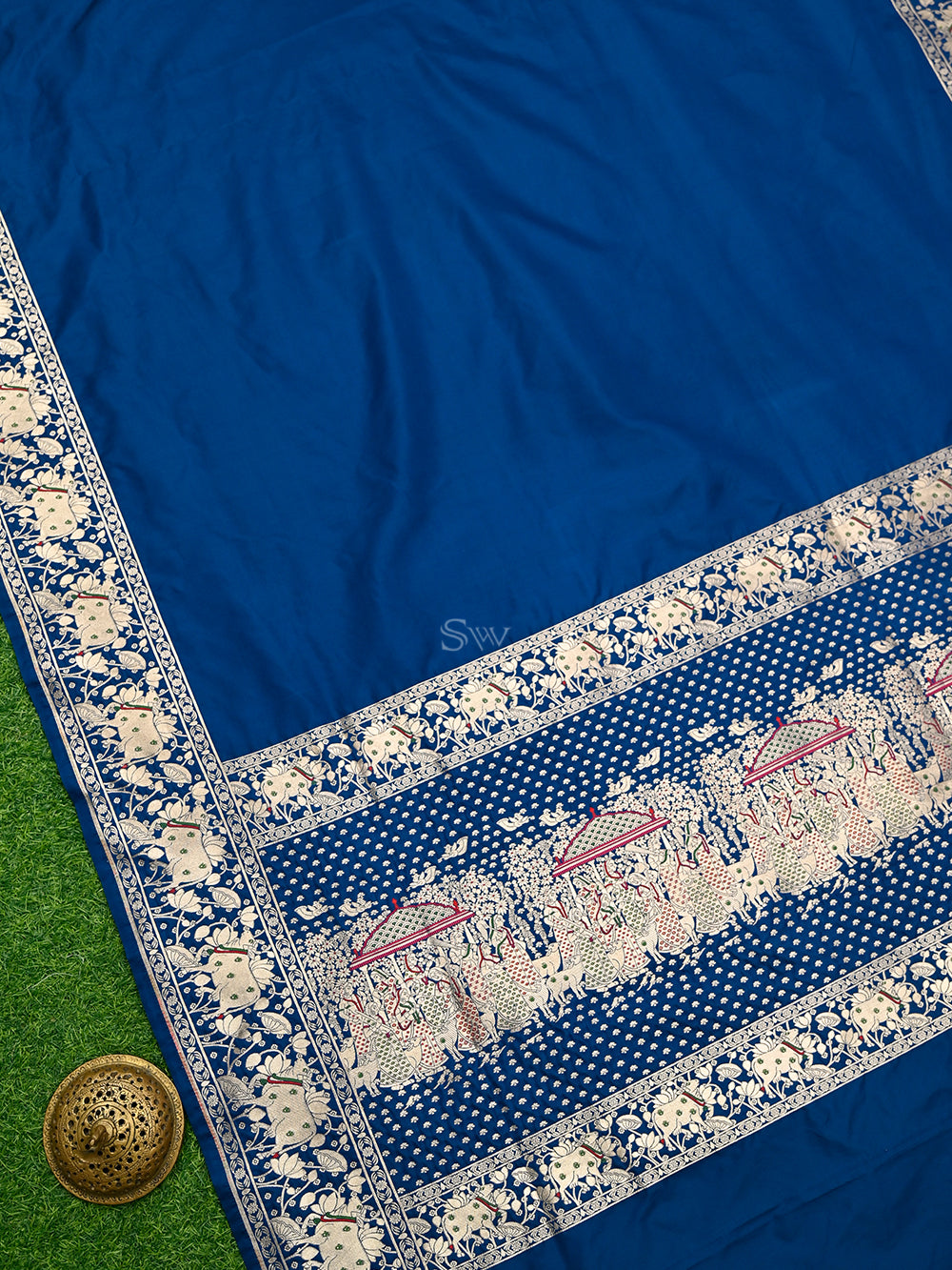 Midnight Blue Shikargah Satin Silk Handloom Banarasi Saree