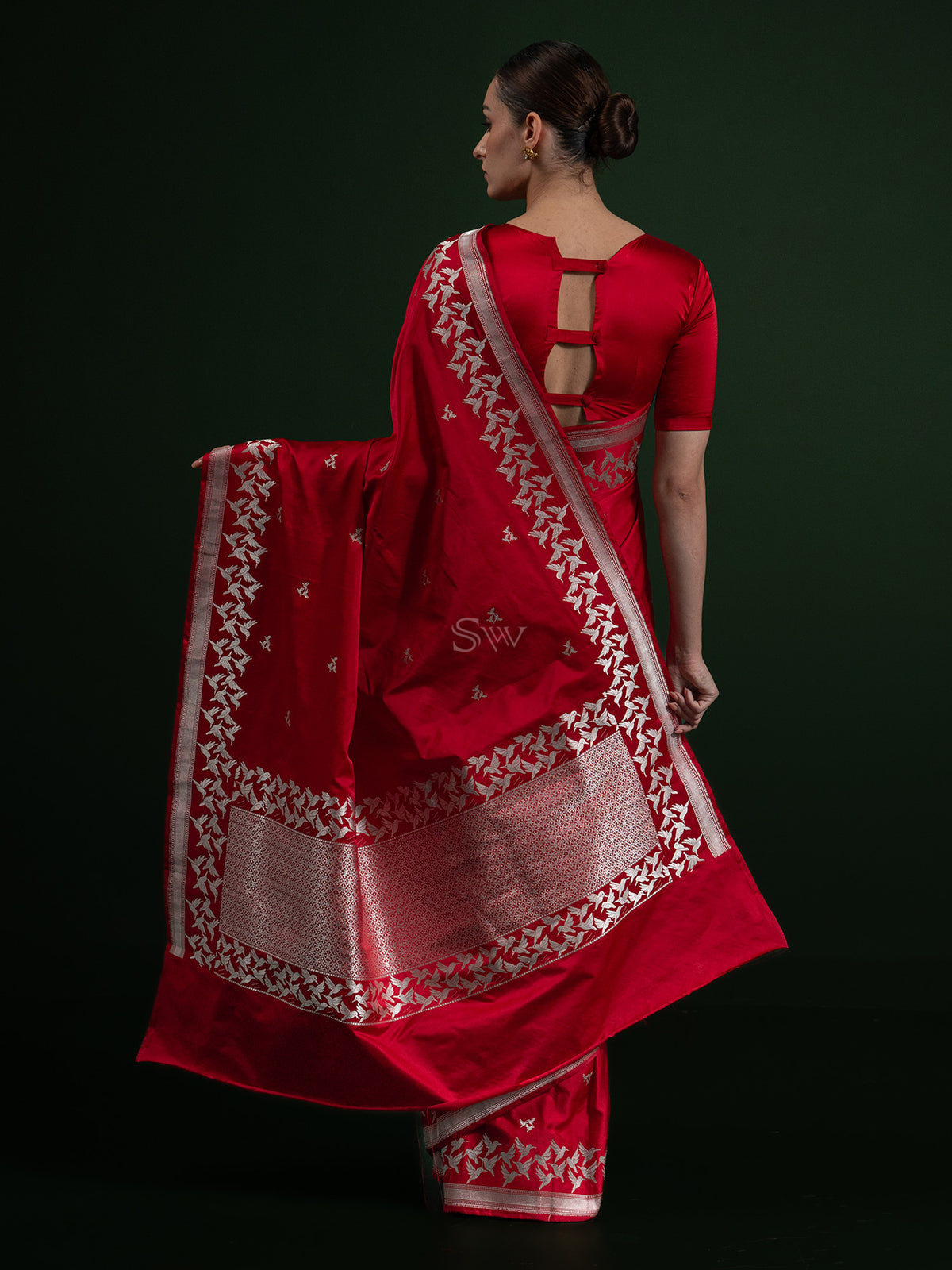 Red Shikargah Boota Satin Silk Handloom Banarasi Saree - Sacred Weaves