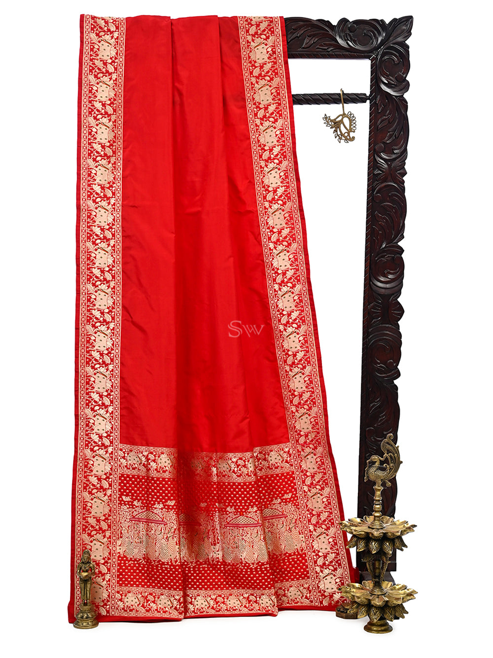 Red Shikargah Satin Silk Handloom Banarasi Saree