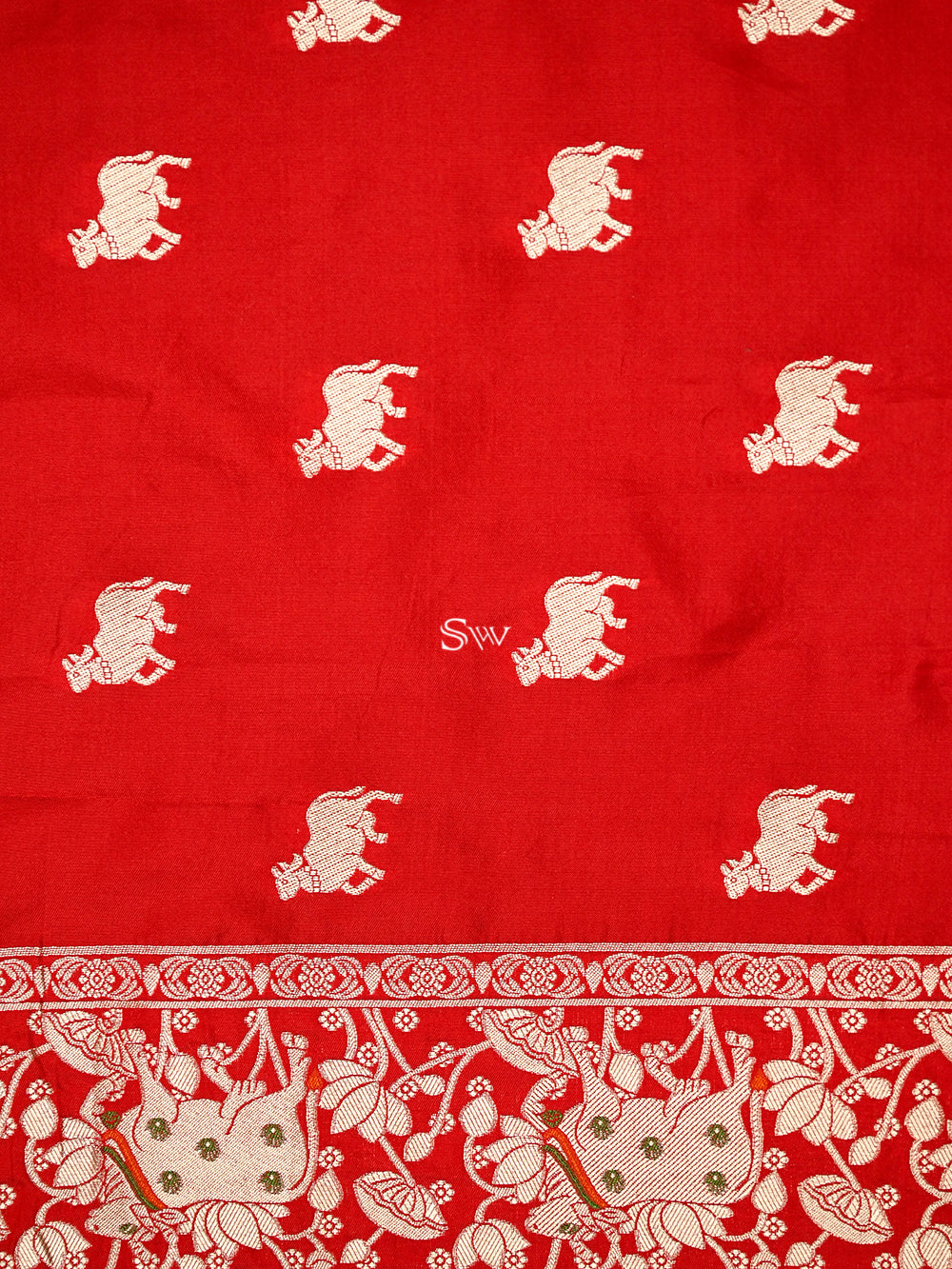 Red Shikargah Satin Silk Handloom Banarasi Saree