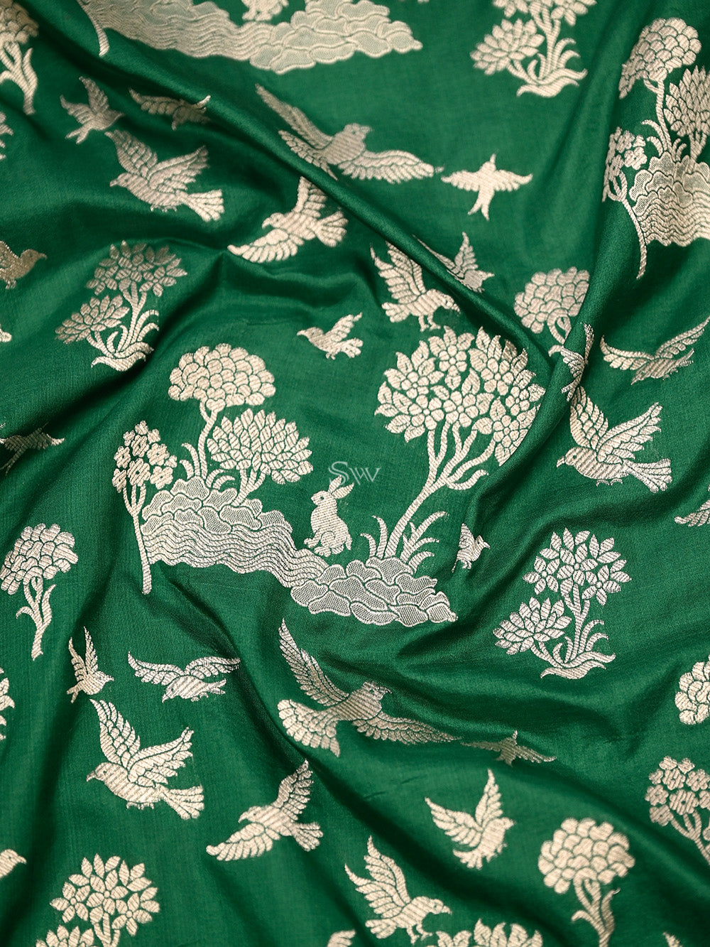 Bottle Green Shikargah Katan Silk Handloom Banarasi Saree