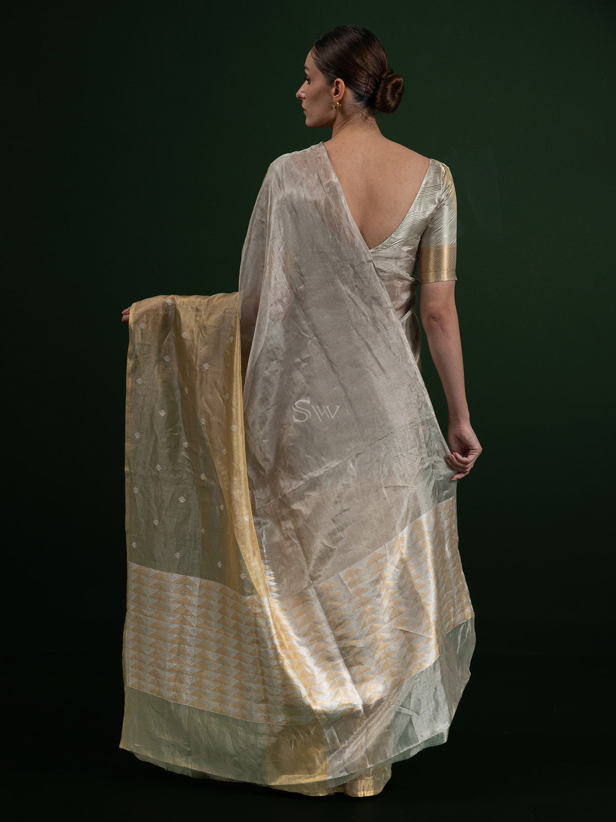 Grey Yellow Tissue Rangkat Handloom Banarasi Saree - Sacred Weaves