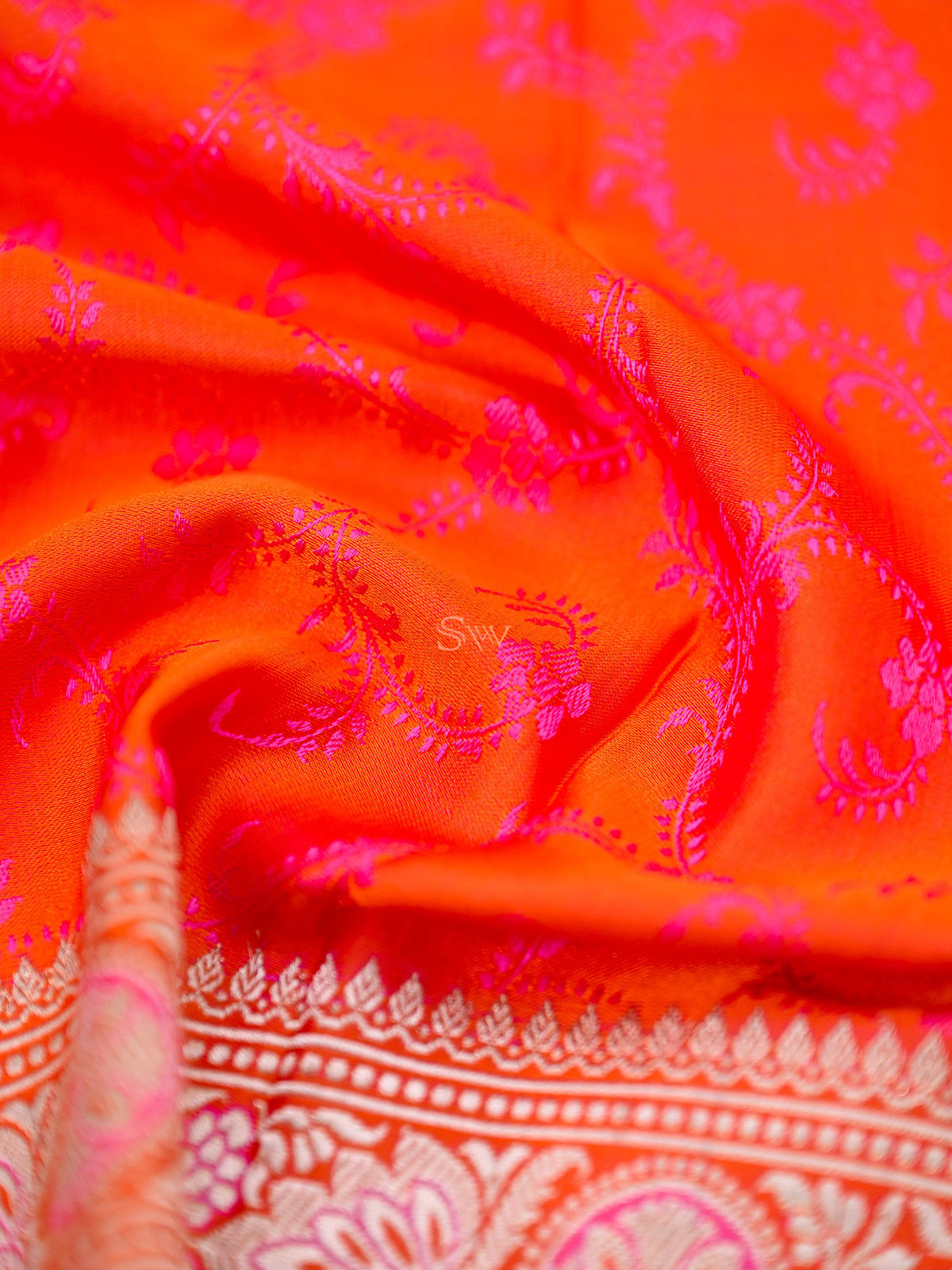 Orange Pink Tanchoi Silk Handloom Banarasi Fabric