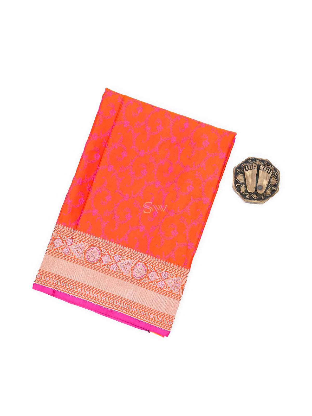 Orange Pink Tanchoi Silk Handloom Banarasi Fabric