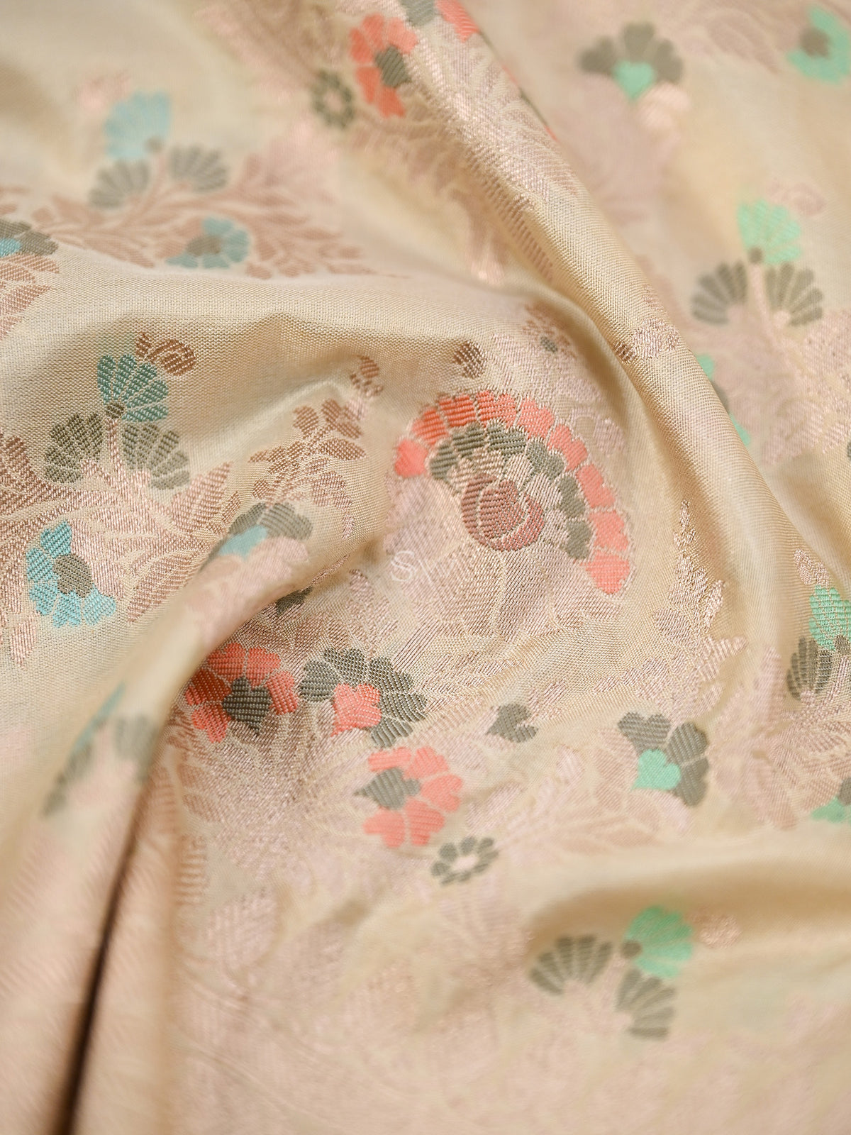 Beige Meenakari Jaal Katan Silk Handloom Banarasi Fabric