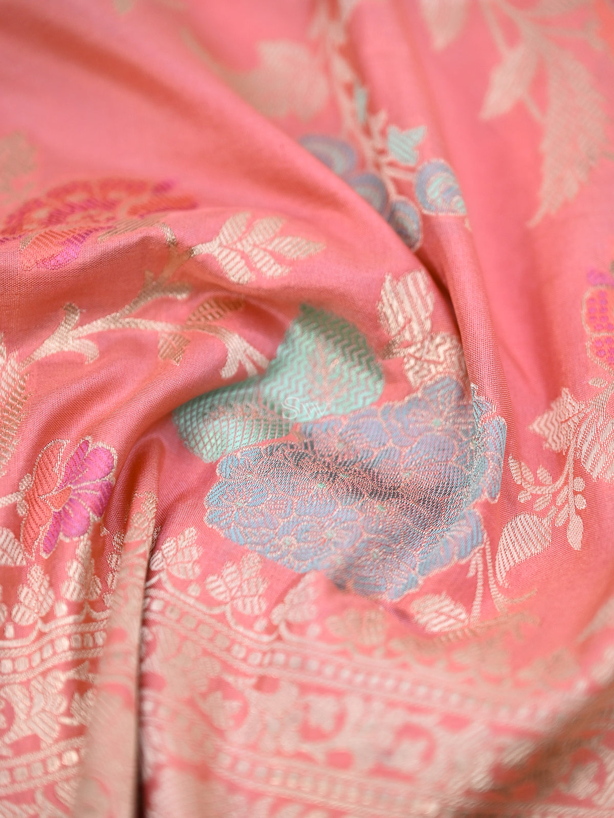 Pink Meenakari Jaal Katan Silk Handloom Banarasi Fabric