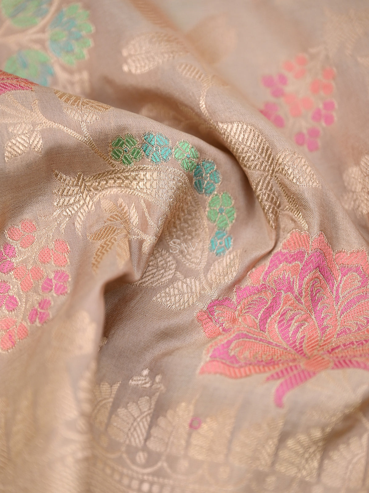 Beige Meenakari Jaal Katan Silk Handloom Banarasi Fabric