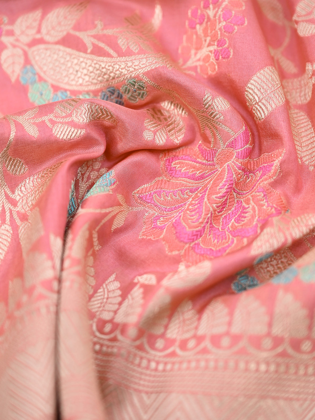 Pink Meenakari Jaal Katan Silk Handloom Banarasi Fabric