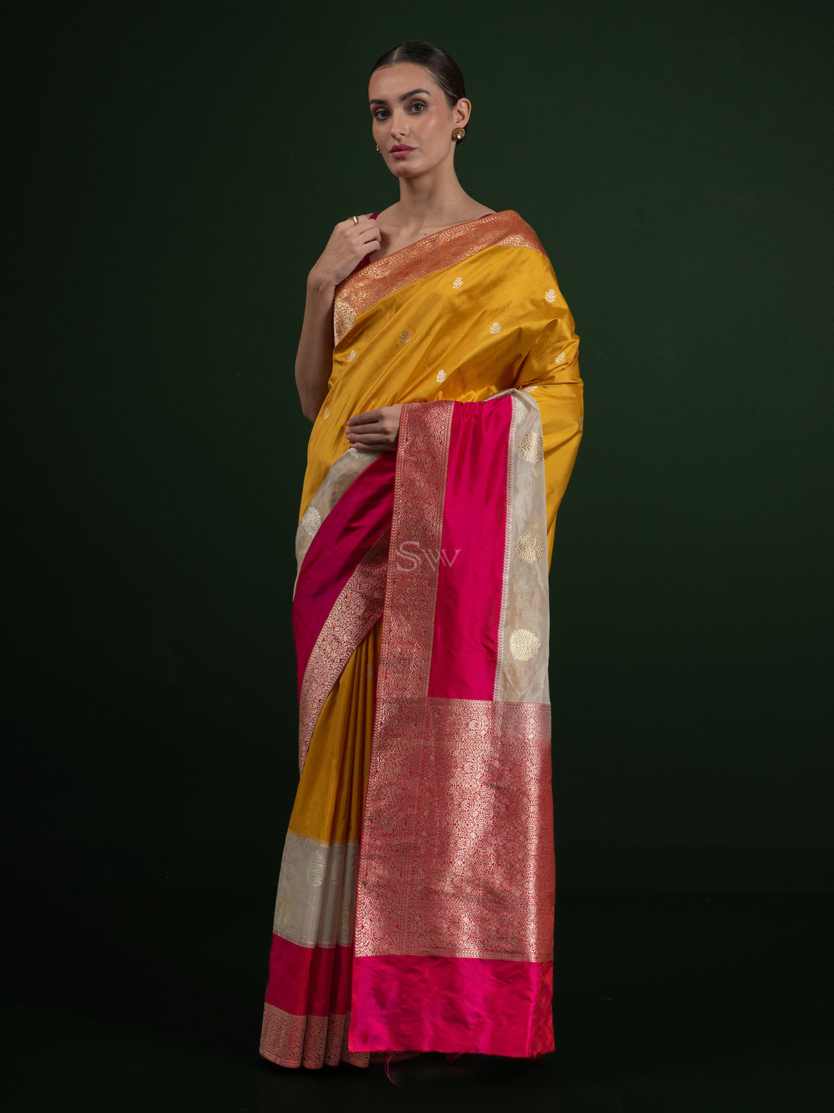 Mustard Katan Silk Handloom Banarasi Saree - Sacred Weaves