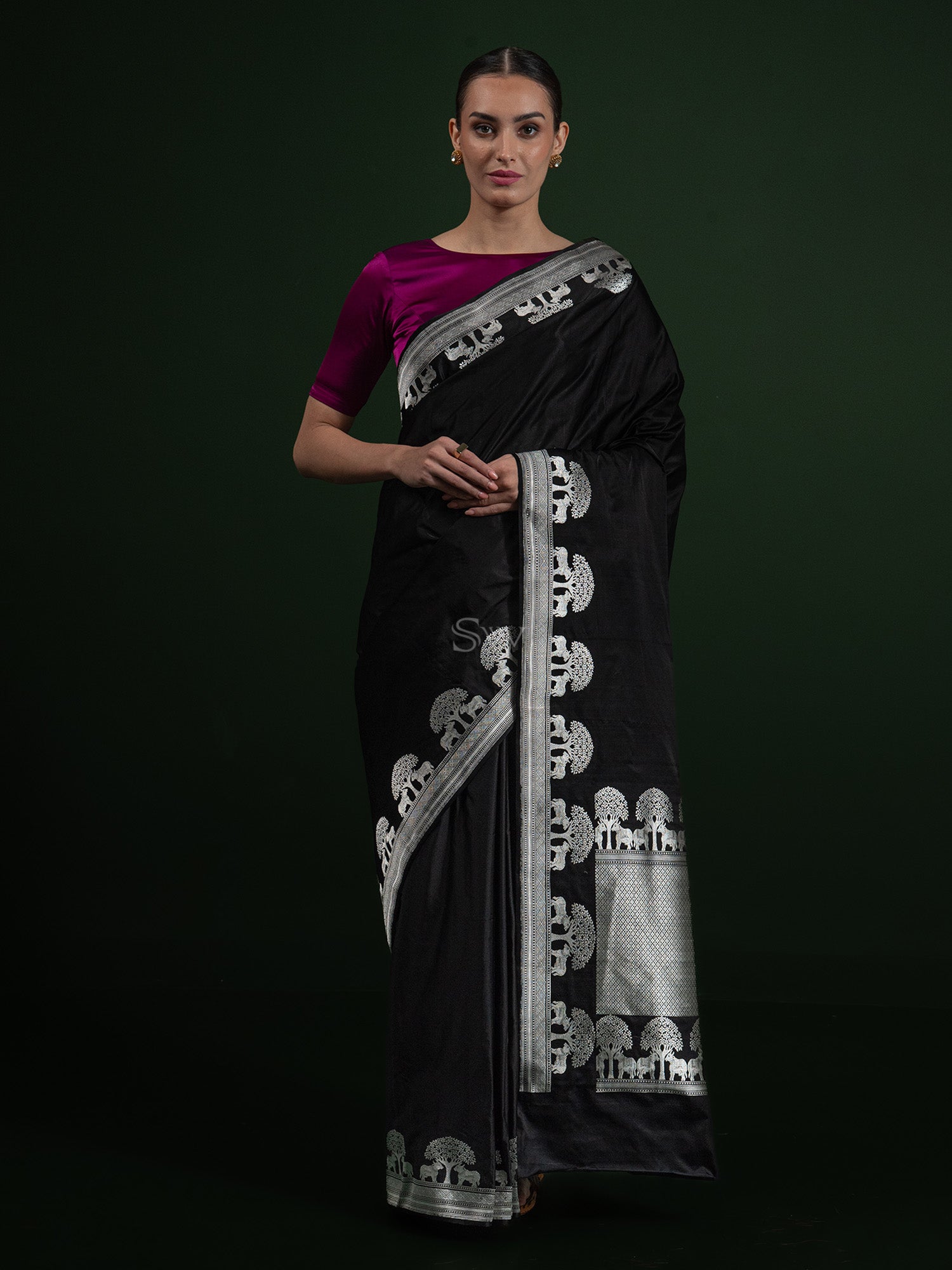 Black Shikargah Boota Satin Silk Handloom Banarasi Saree - Sacred Weaves