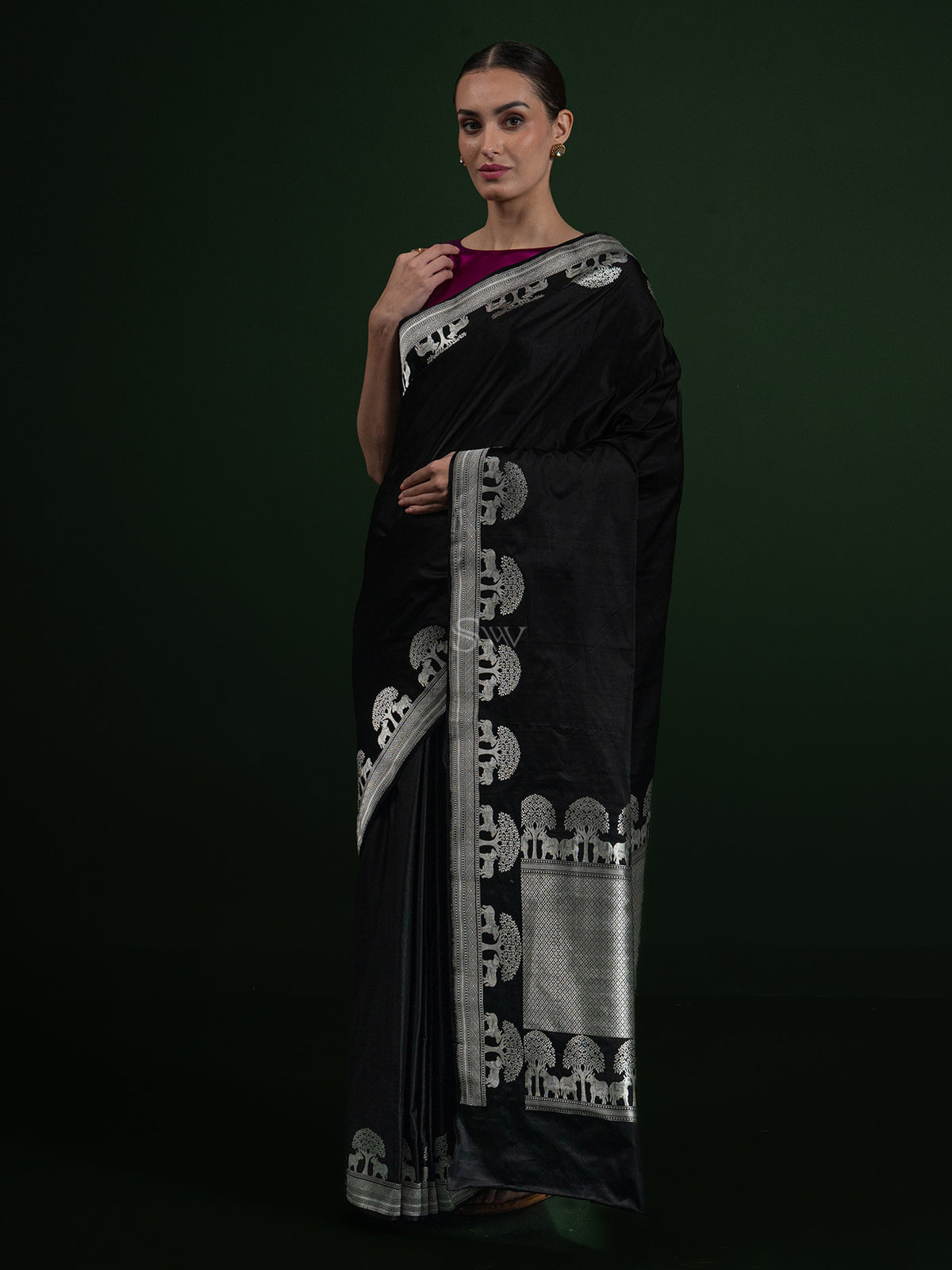 Black Shikargah Boota Satin Silk Handloom Banarasi Saree - Sacred Weaves